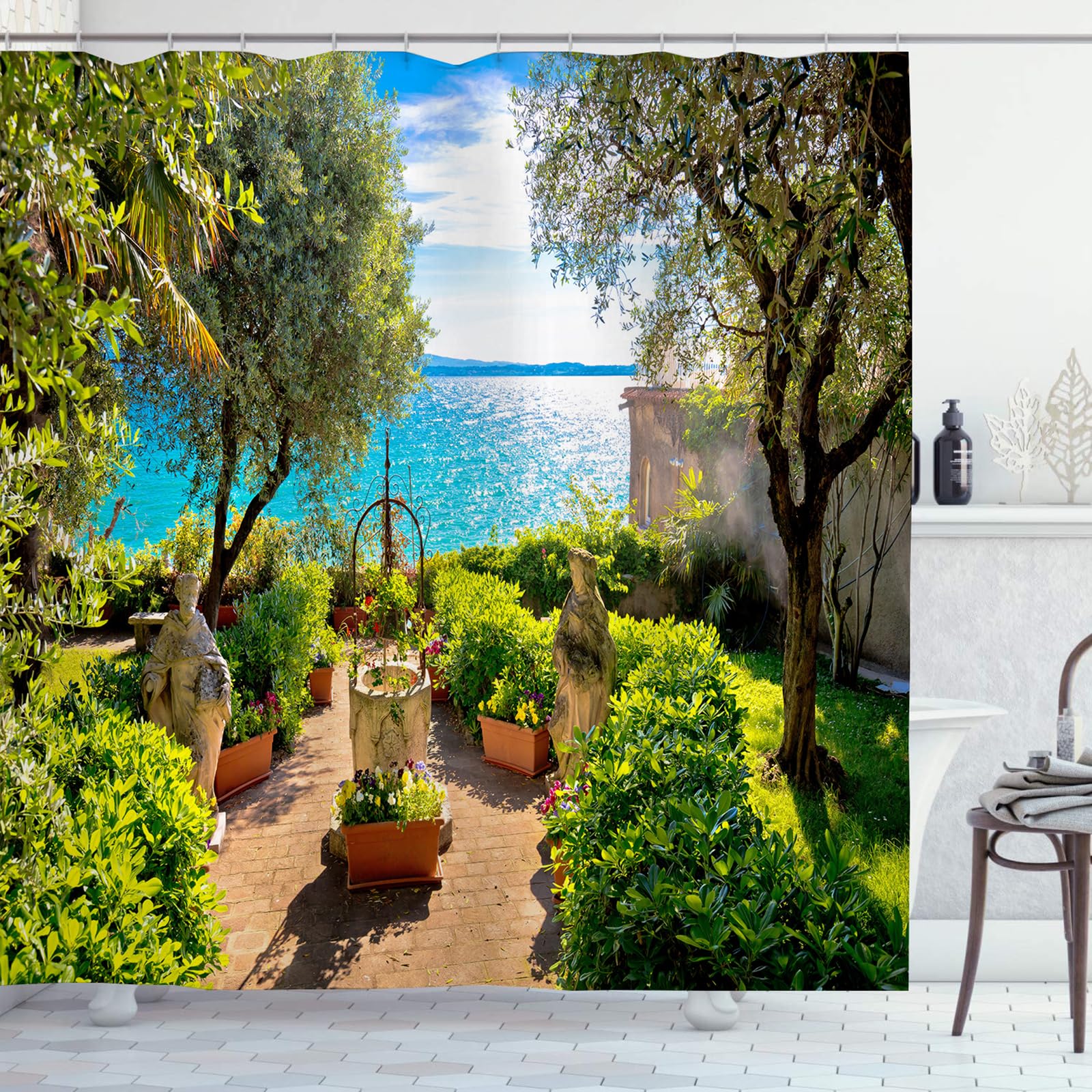 OCEUMACO Garden Shower Curtain Outdoor, 3D Italian Sunny Seaside Green Scenery Bath Shower Curtains Bathroom Decor, Garden Scene View Waterproof Fabric with Hooks 200x200 cm, A013