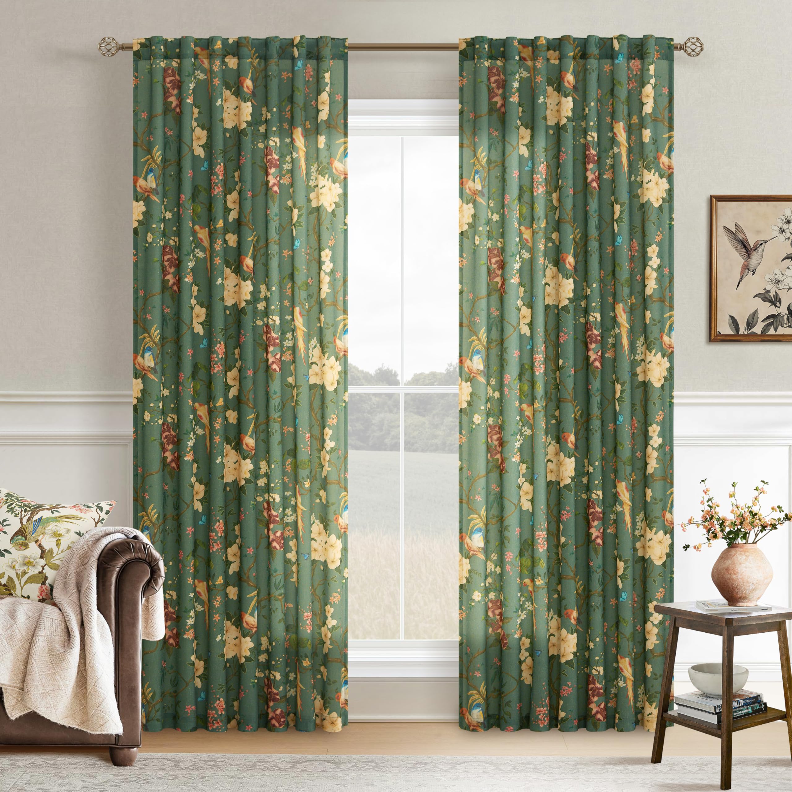 Dark Green Floral Linen Curtains 96 Inches Long for Living Room 2 Panels | Back Tab, Boho Country,Semi Sheer Light Filtering,Leaf Patterned, Birds Printed, Window Drapes for Bedroom Dining Room