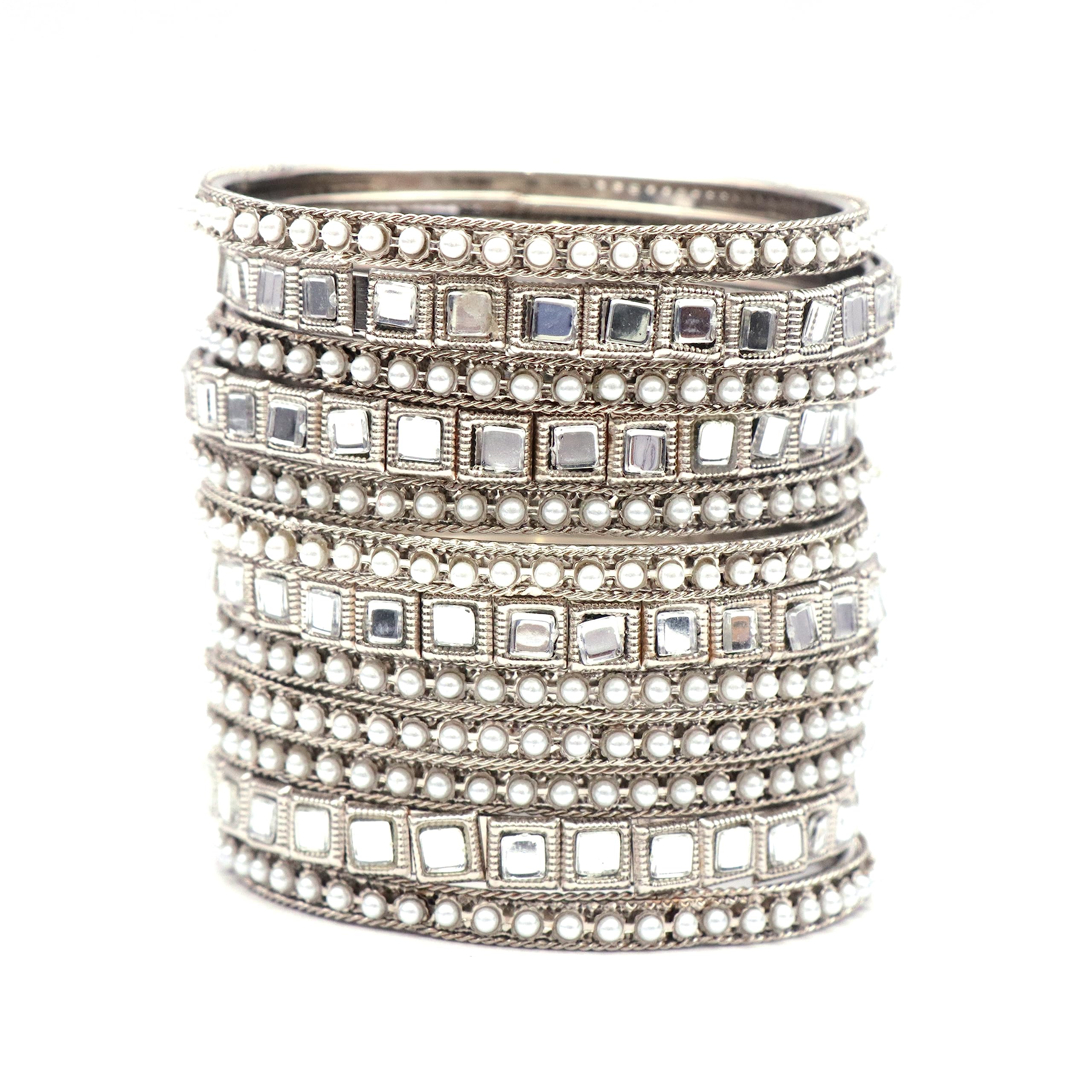 Shivarth Traditional Metal Pearl Studded Bangle Set Metal Kade with Silver Oxidised Mirror Work Kara Kada for Women and Girls pack of 12pcs Silver Chain Metal Churi (2.6) (B0CBWXPXJP) Amazon Price History, Amazon Price Tracker