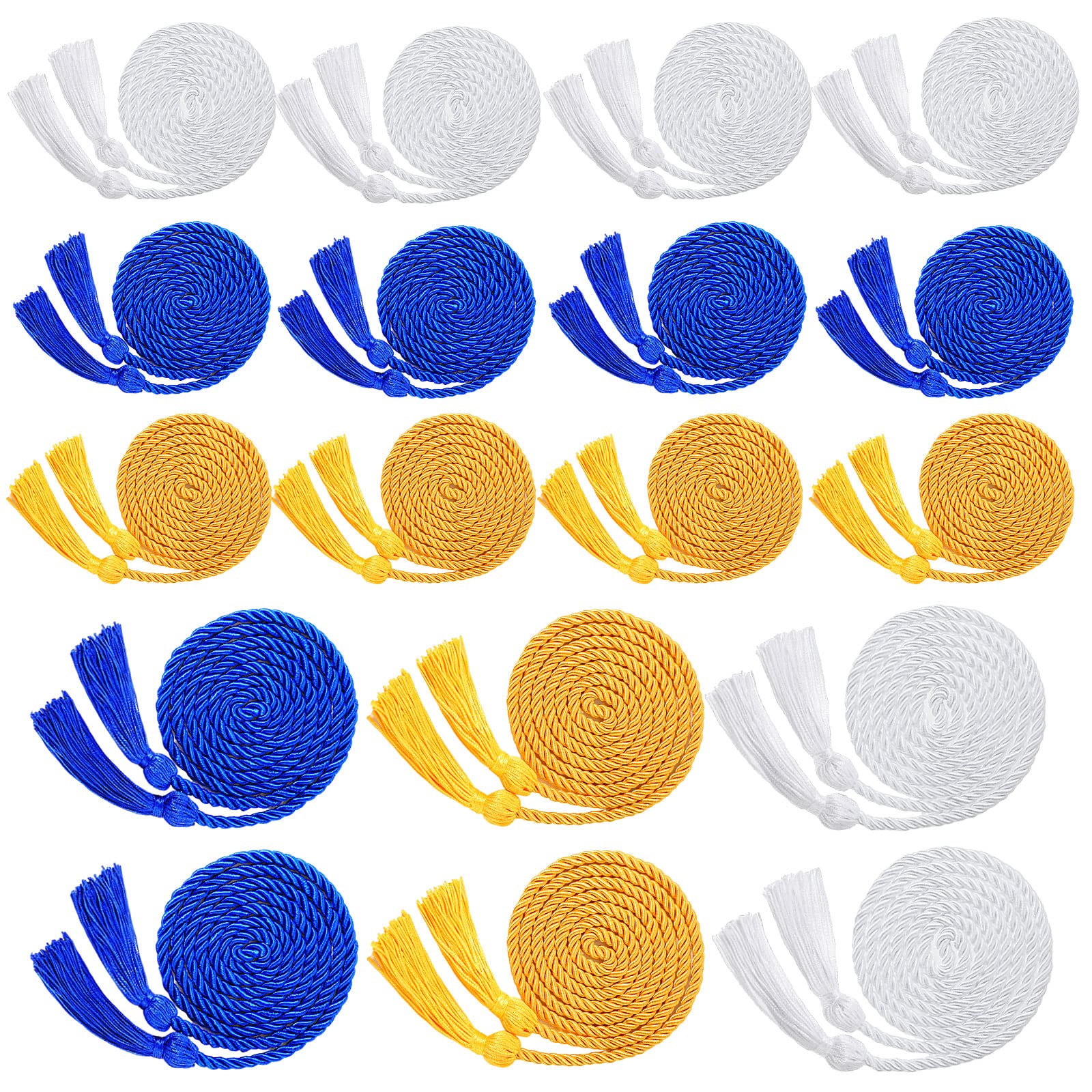 Photo 1 of 18 Pieces Graduation Cords Bulk 2023 Graduation Polyester Yarn Honor Cord 67 Inch Braided Honor Cords with Tassels for College Graduation Students (White, Gold and Blue)