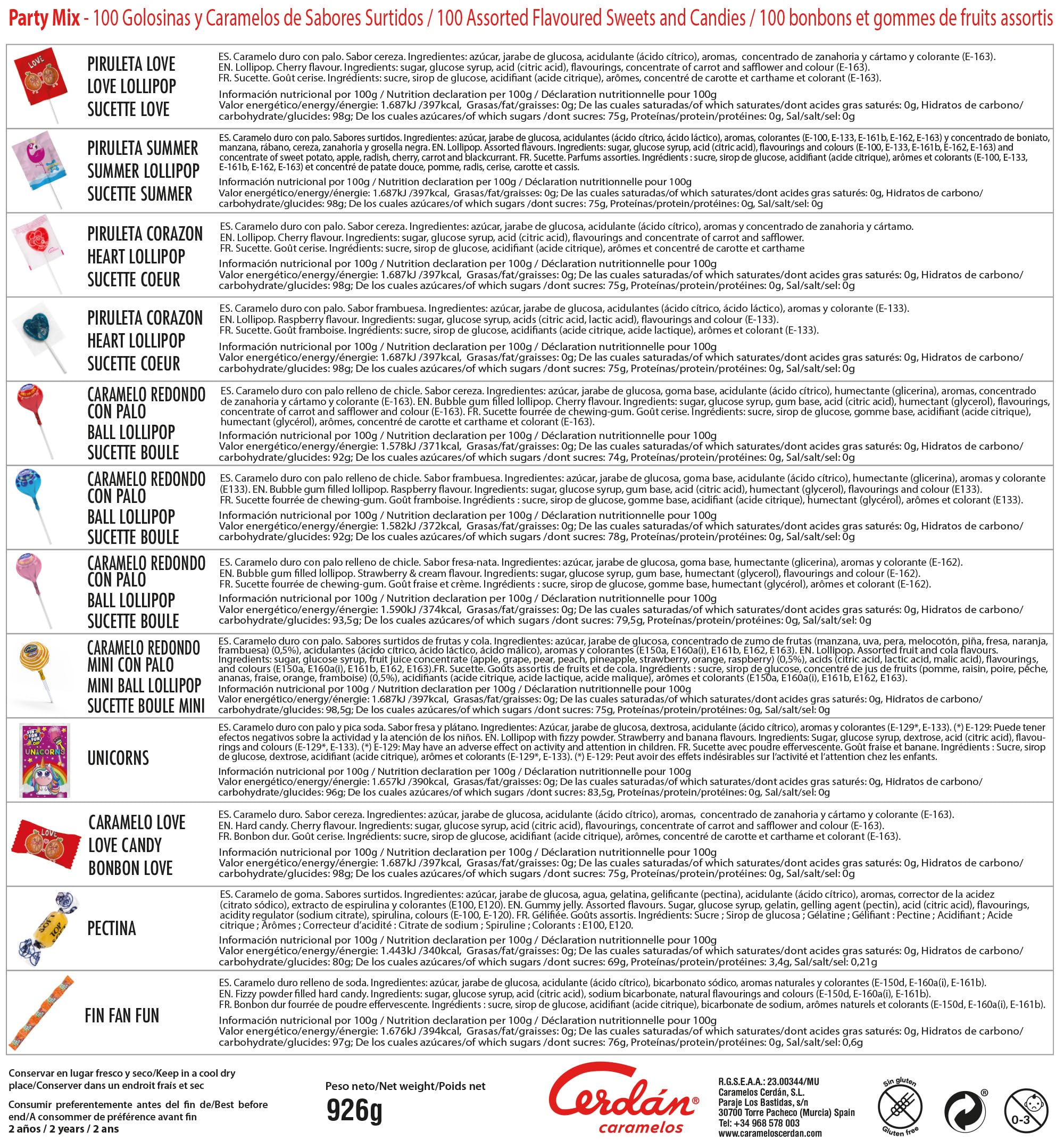 Caramelos Cerdán | Party Mix- Pack de 100 Caramelos y Chuches de Sabores Surtidos - Relleno de Piñata Sin Gluten - Ideal para Bolsas de Cumpleaños, Comuniones, Bautizos o Fiestas