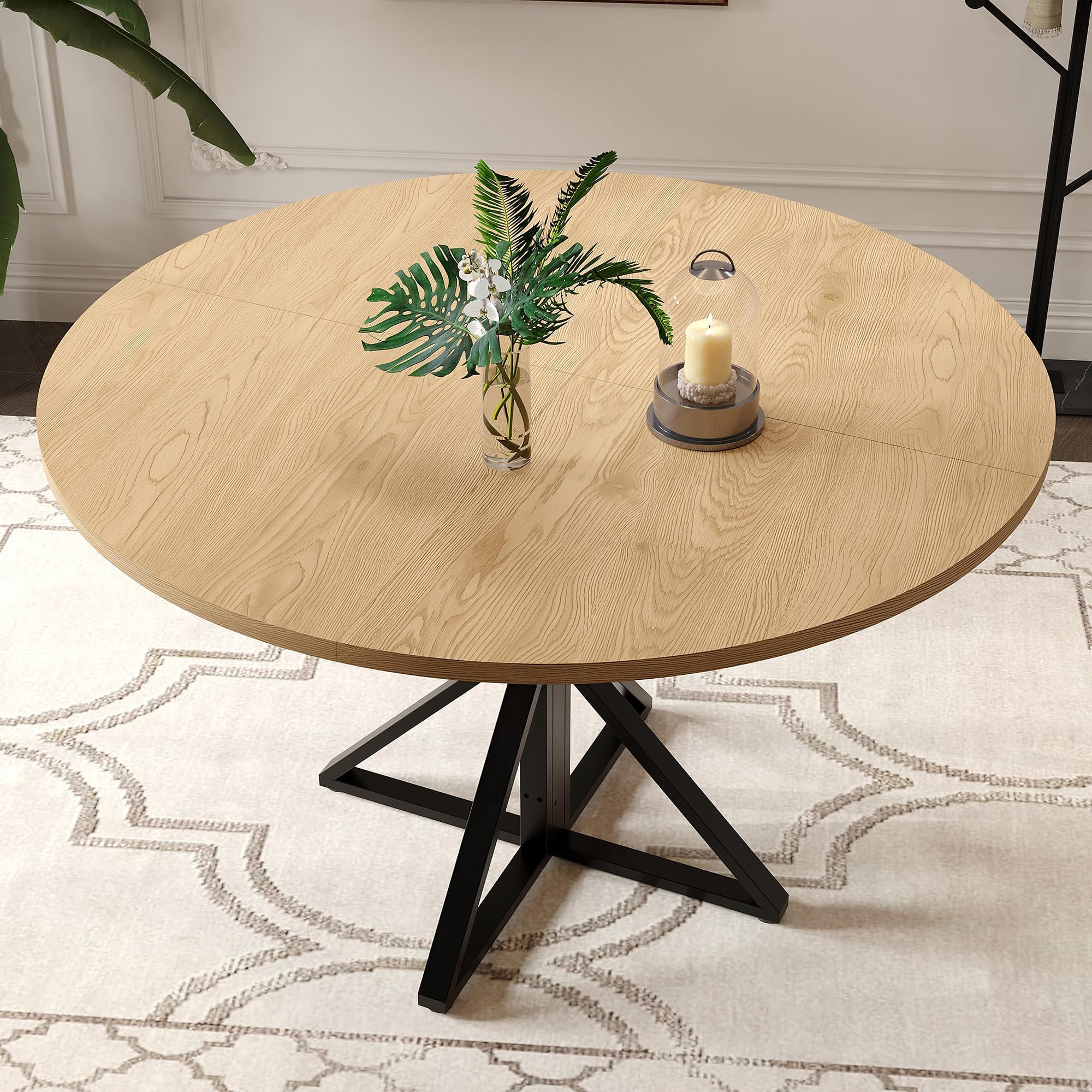 Garvee Runder Esstisch 120 cm für 4 Personen, Eichenholz-Landhausstil mit Säulenfuß, runder Küchentisch aus Holz – perfekt für Feiertage und Familienfeiern in Küche & Esszimmer