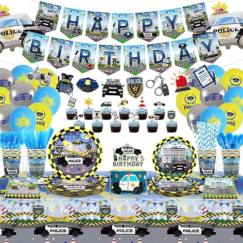 Miniatura 1 de KEFAN Decoraciones de fiesta de cumpleaños de policía, suministros de vajilla para fiestas temáticas de policía, incluyendo pancarta de feliz