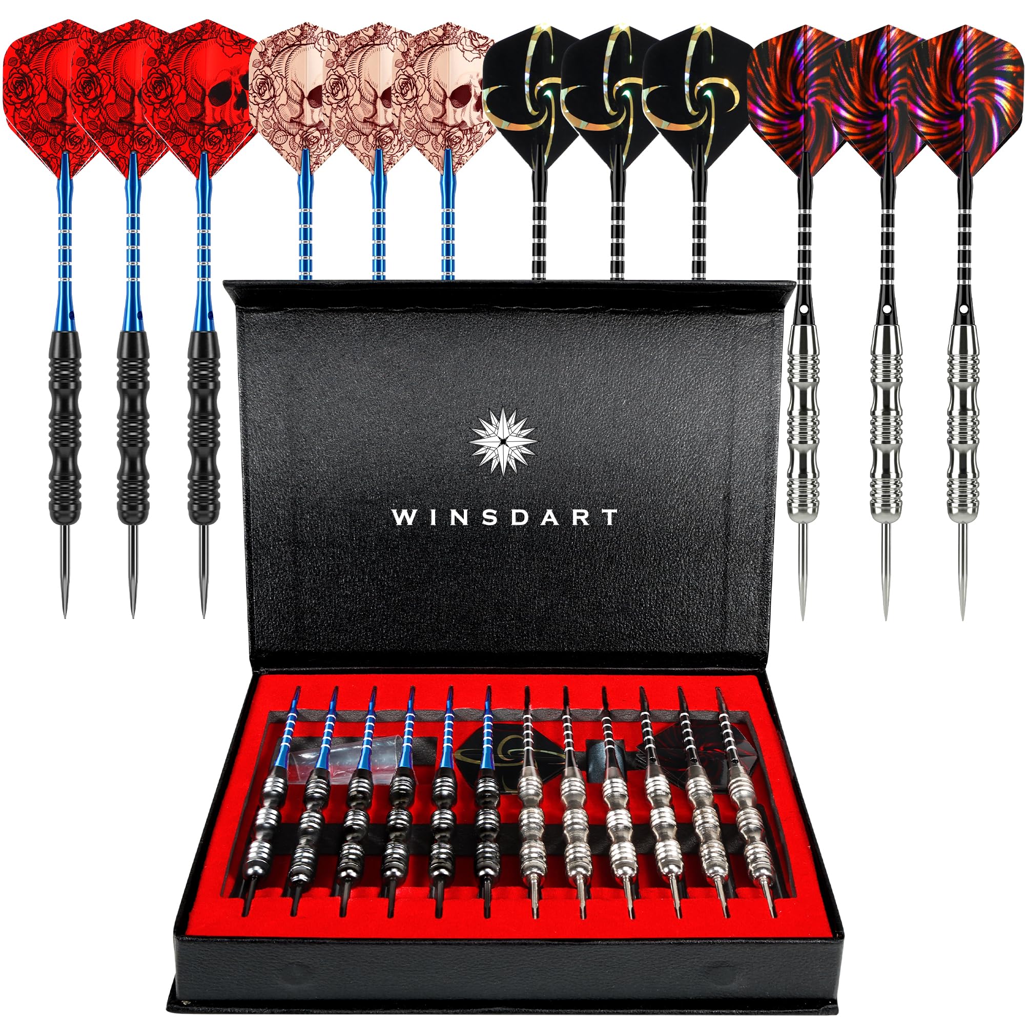 WINSDART ADKX Steel Tip Darts 12 Pack Set with Nonslip Iron Barrel Aluminum Dart Shafts and Flights + Darts Sharpener + an Gift Box