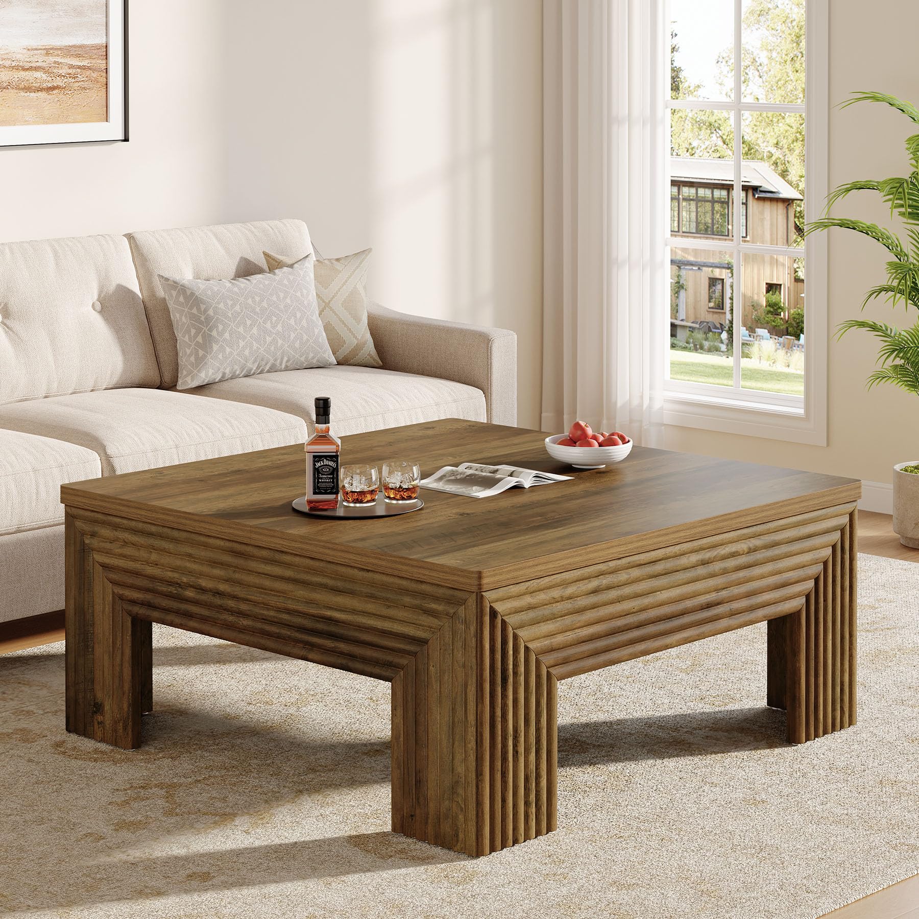 Tribesigns Mesa de Centro, Mesa Auxiliar para Salón o Comedor Sala de Estar Balcón Oficina, 100 x100 x 45 cm, Mesa de Centro Cuadrada con Patas de Madera Resistentes, Marrón
