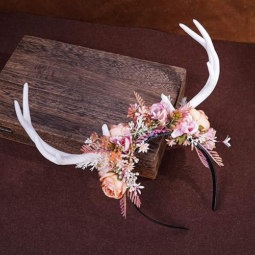 Miniatura 5 de MOSTORY Diadema hecha a mano con cuernos de ciervo de hada, diadema de reno bohemio con flores, cornamenta de bosque, accesorio para el cabello para