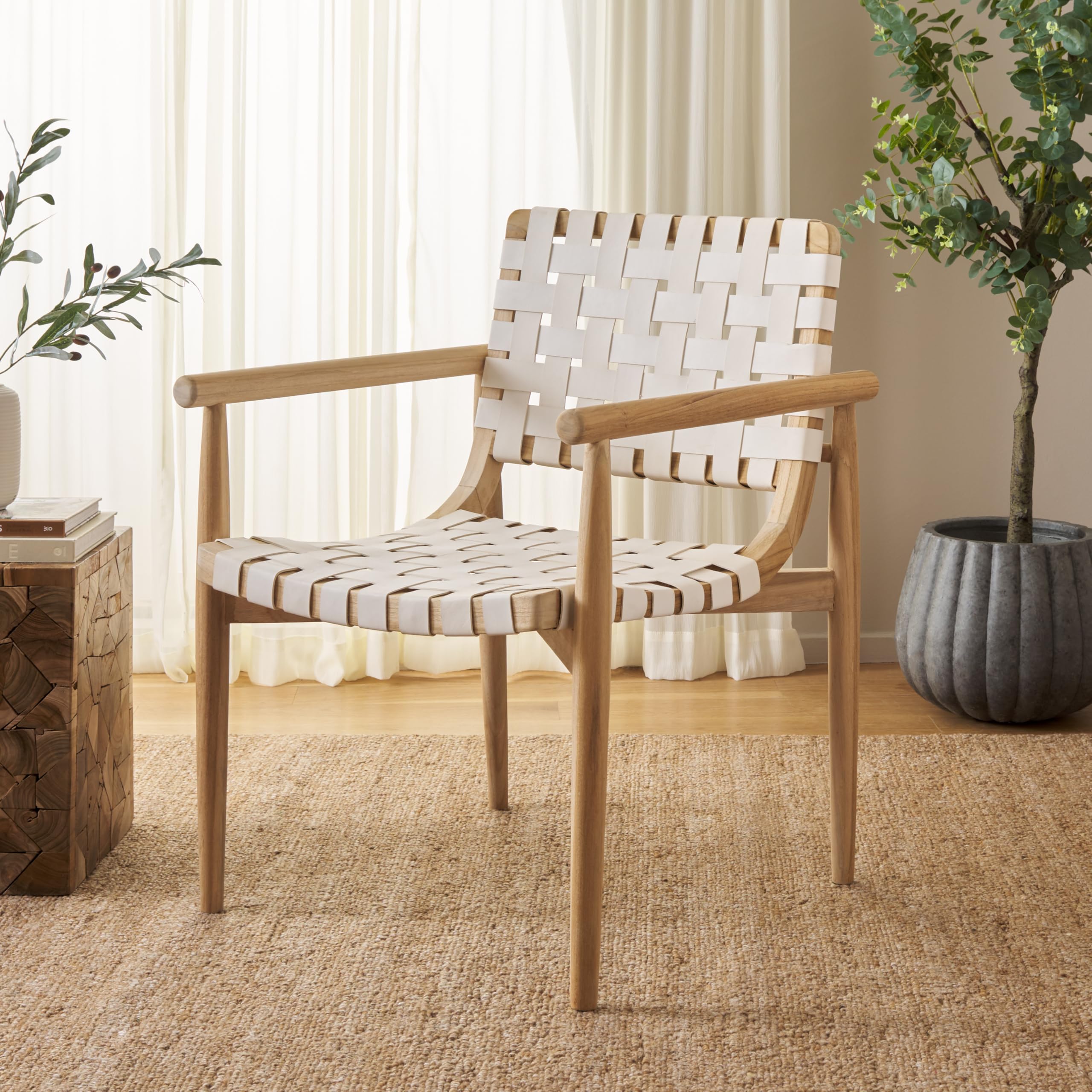SAFAVIEH Home Collection Dionne Natural Teak Solid Wood/White Leather Woven Accent Chair (Fully Assembled)