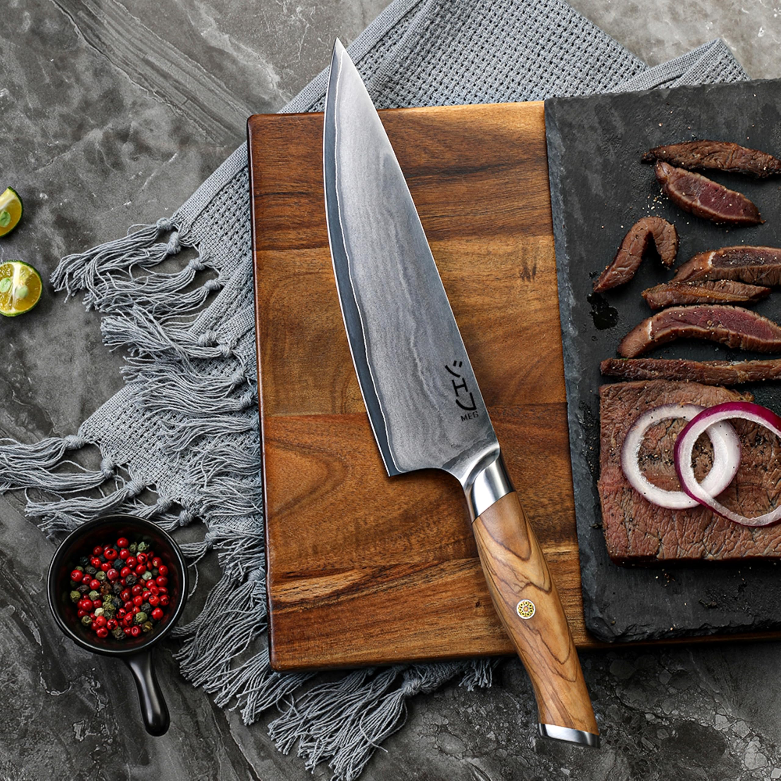 MEG Gyuto 206mm kute w San Mai nóż szefa kuchni, 3-warstwowy, ergonomiczny uchwyt z drewna oliwnego, certyfikat do użytku profesjonalnego, pudełko z drewna akacjowego, idealne na prezent