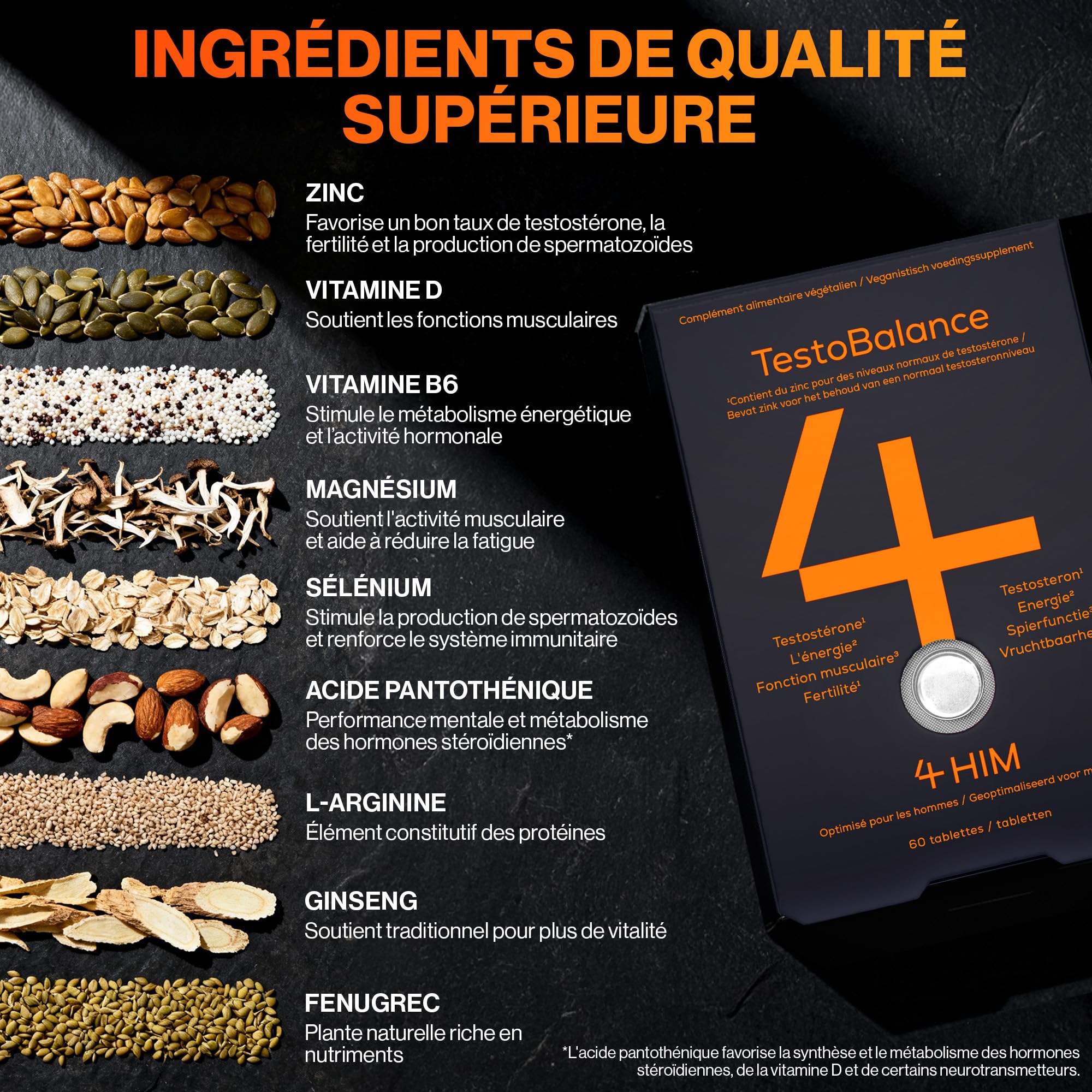 4 HIM TestoBalance - Énergie et Fonction Musculaire - avec Zinc, L-Arginine, Ginseng et Fenugrec - 60 Comprimés Végétaliens