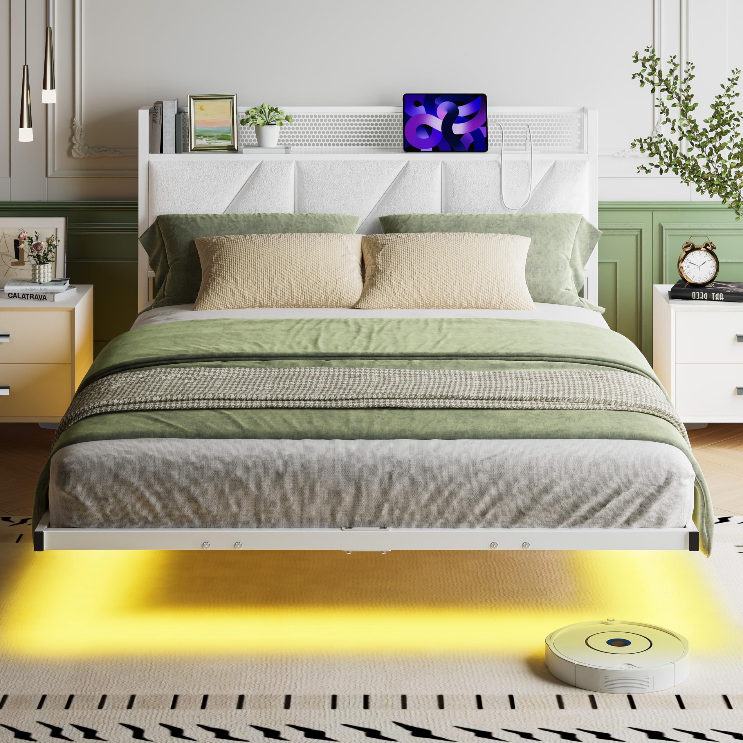 Marco de cama flotante de 120 x 200 cm con luces LED y estación de carga USB, marco de cama de plataforma metálica con cabecero acolchado y almacenamiento, listones de metal resistentes, libre