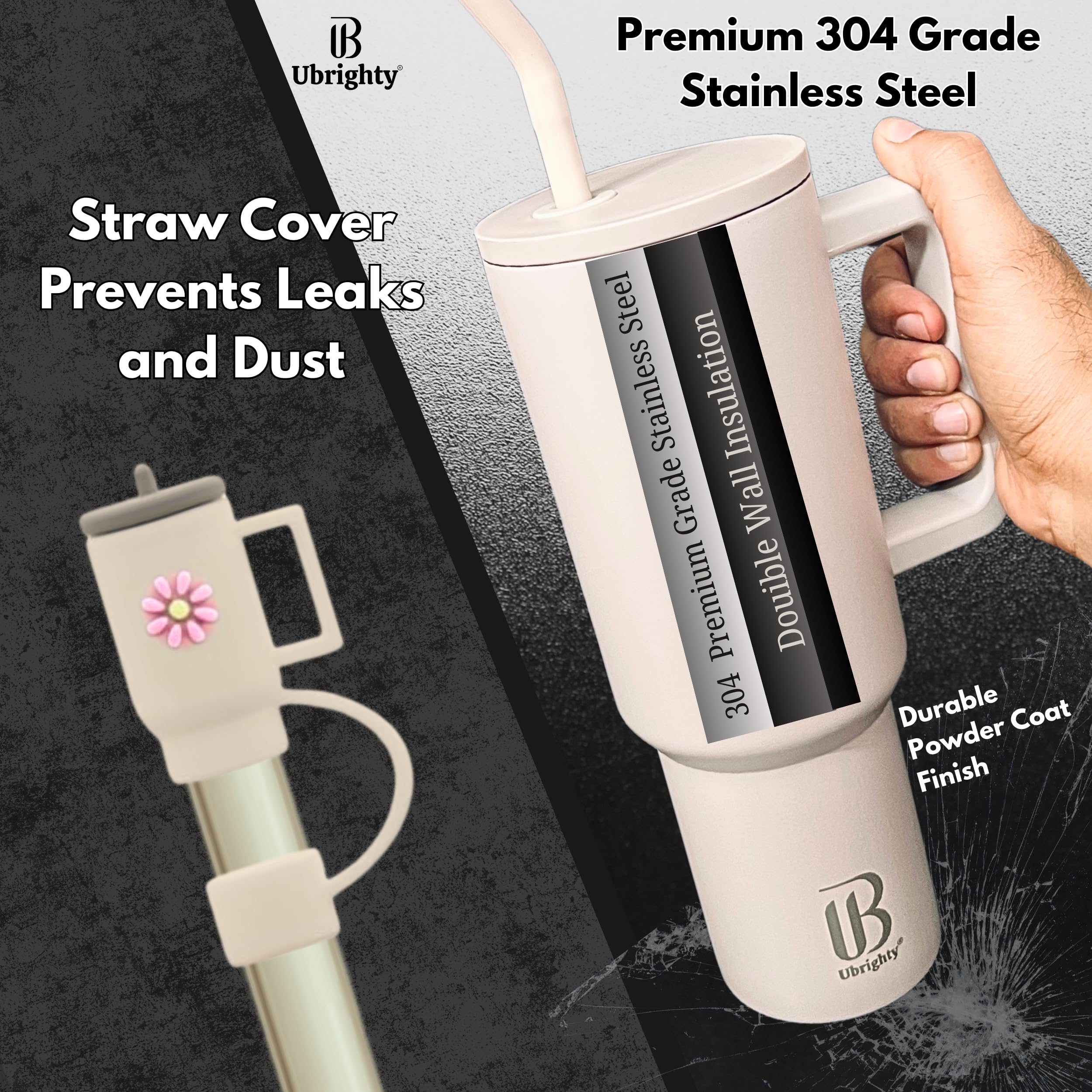 Ubrighty 1 Ps Tumbler with Straw and Lid | Sipper Bottle | 1200ML Stainless Steel Water Tumbler Insulated Hot and Cold with Handle Leak Proof Cup Cupholder for Gym Office Travelling Women (CREEM) 3