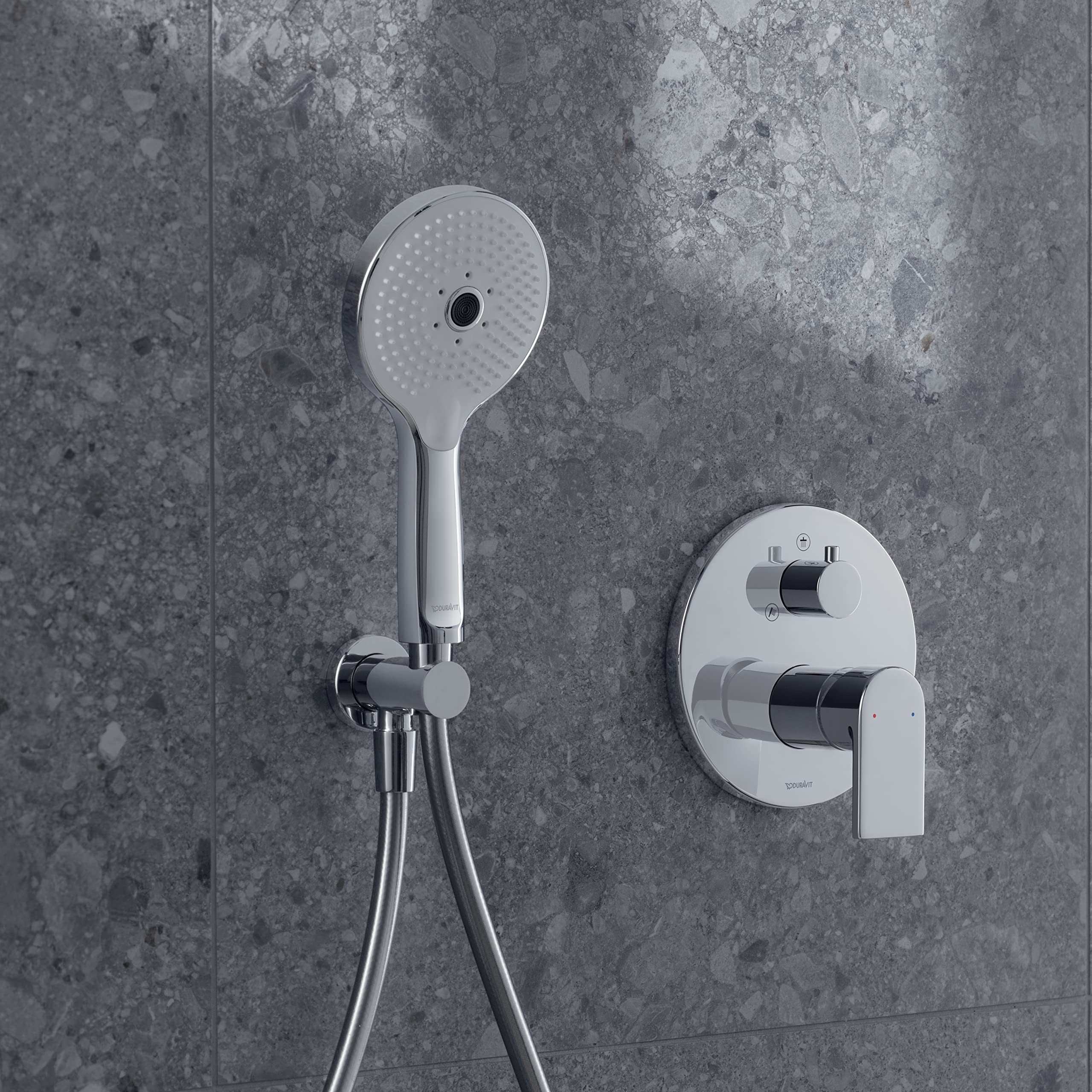 Duravit Universal Codo de conexión a la pared, Conexión de manguera incl. soporte de ducha, Codo de conexión a la ducha con tapa redonda, cromo