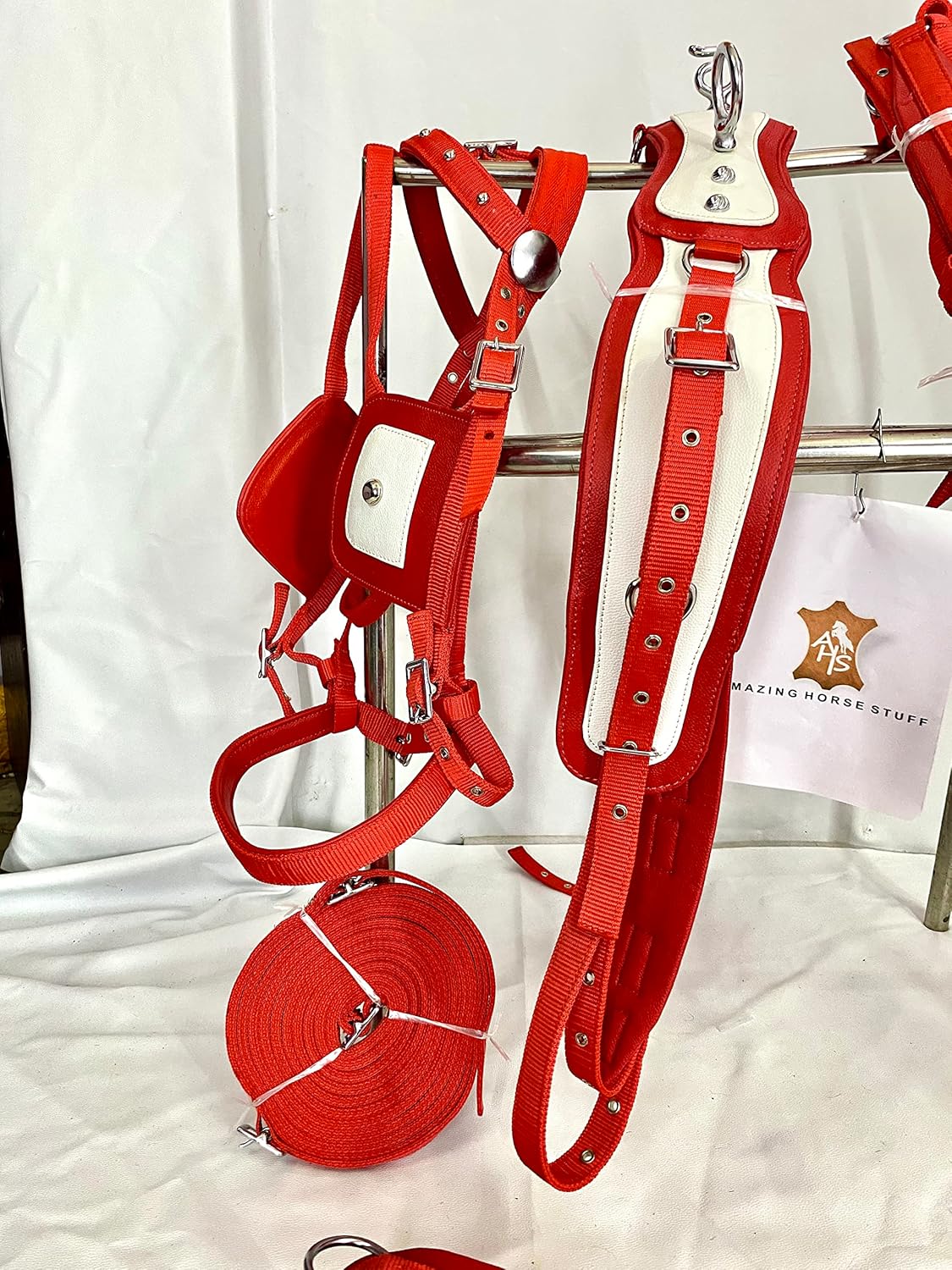 Nylon Horse Driving Harness | Carved Chrome studds on Saddle and Bridle | Full | Cob | Pony | Shetland | Mini | Red & White |