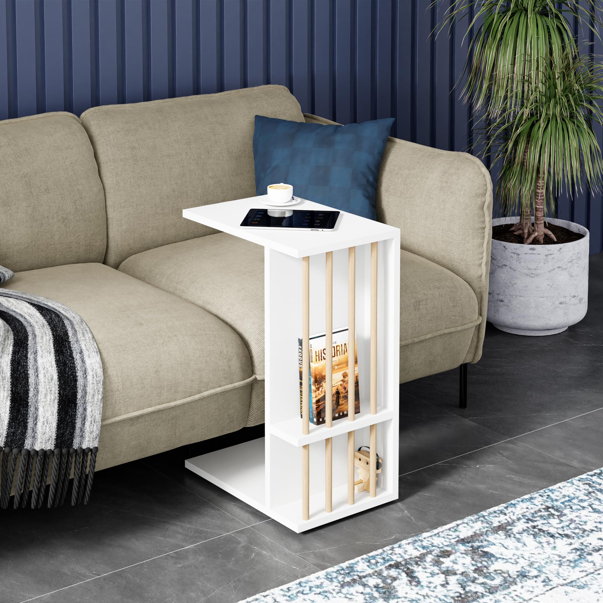 [en.casa] Tavolino Laterale da Divano Tavolino Basso a Forma di C Consolle a 4 Rotelle e Scomparti Semiaperti Piano di Lavoro per Laptop 44 x 29 x 65 cm - Bianco