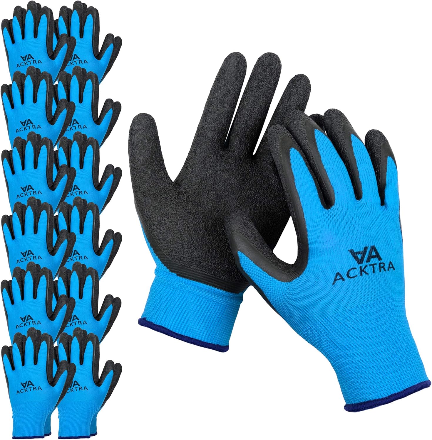 ACKTRA Coated Nylon Safety WORK GLOVES 12 Pairs, Knit Wrist Cuff, Multipurpose, for Men & Women, WG008 Blue Polyester, Black Latex, Large