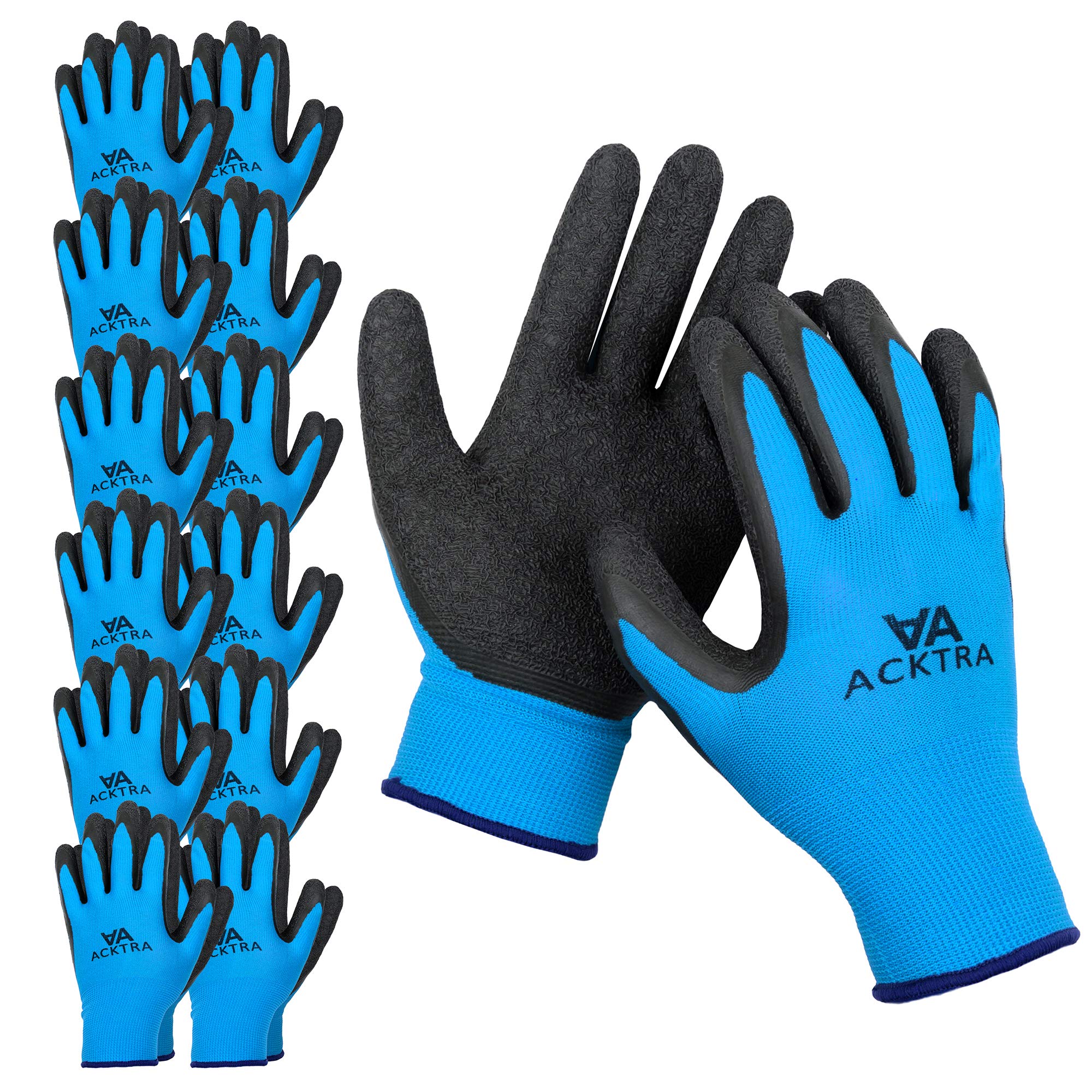 ACKTRA Coated Nylon Safety WORK GLOVES 12 Pairs, Knit Wrist Cuff, Multipurpose, for Men & Women, WG008 Blue Polyester, Black Latex, Large