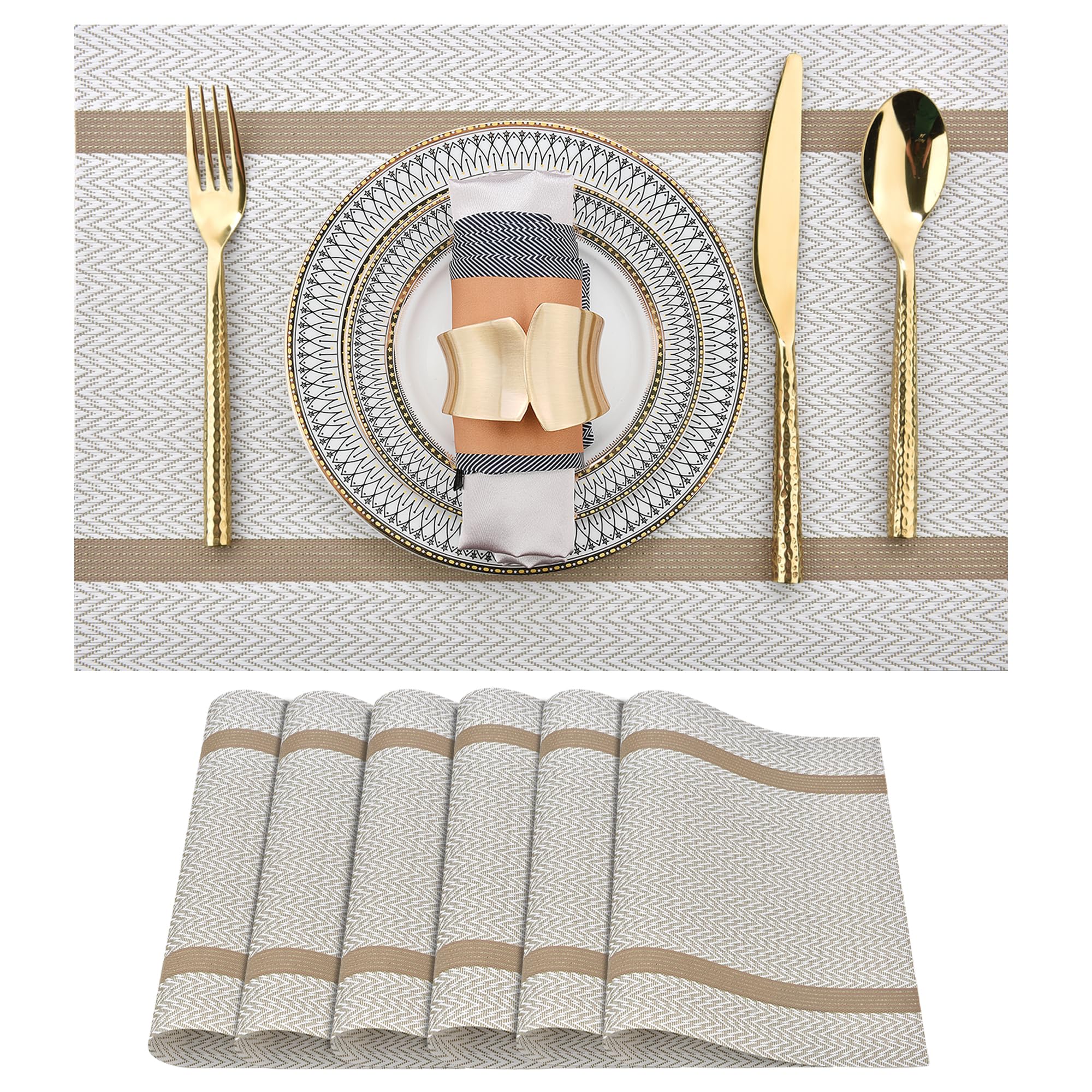 SLKQG Beige White Placemats Set of 6 - Easy Clean Modern Durable Washable Vinyl Place Mats - Heat Resistant Placemats for Kitchen Table - PVC Table
