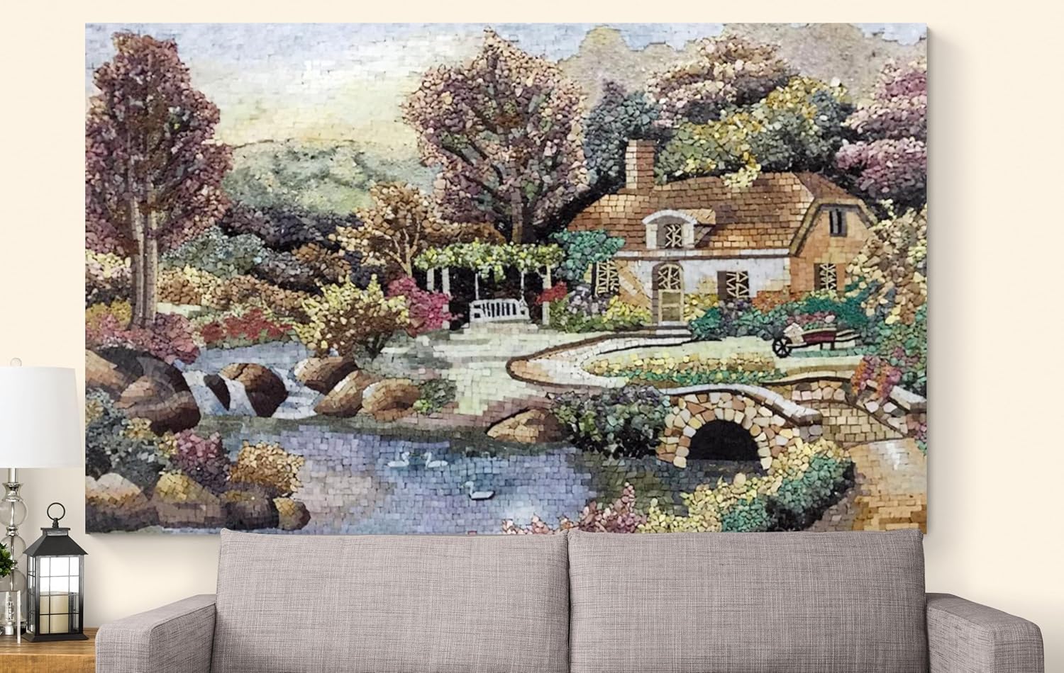 Handmade Cottage Garden Marble Mosaic Wall Art – Hand-Cut Natural Stone Landscape Floral Mosaic Tile Wall Art for Interior Wall Décor