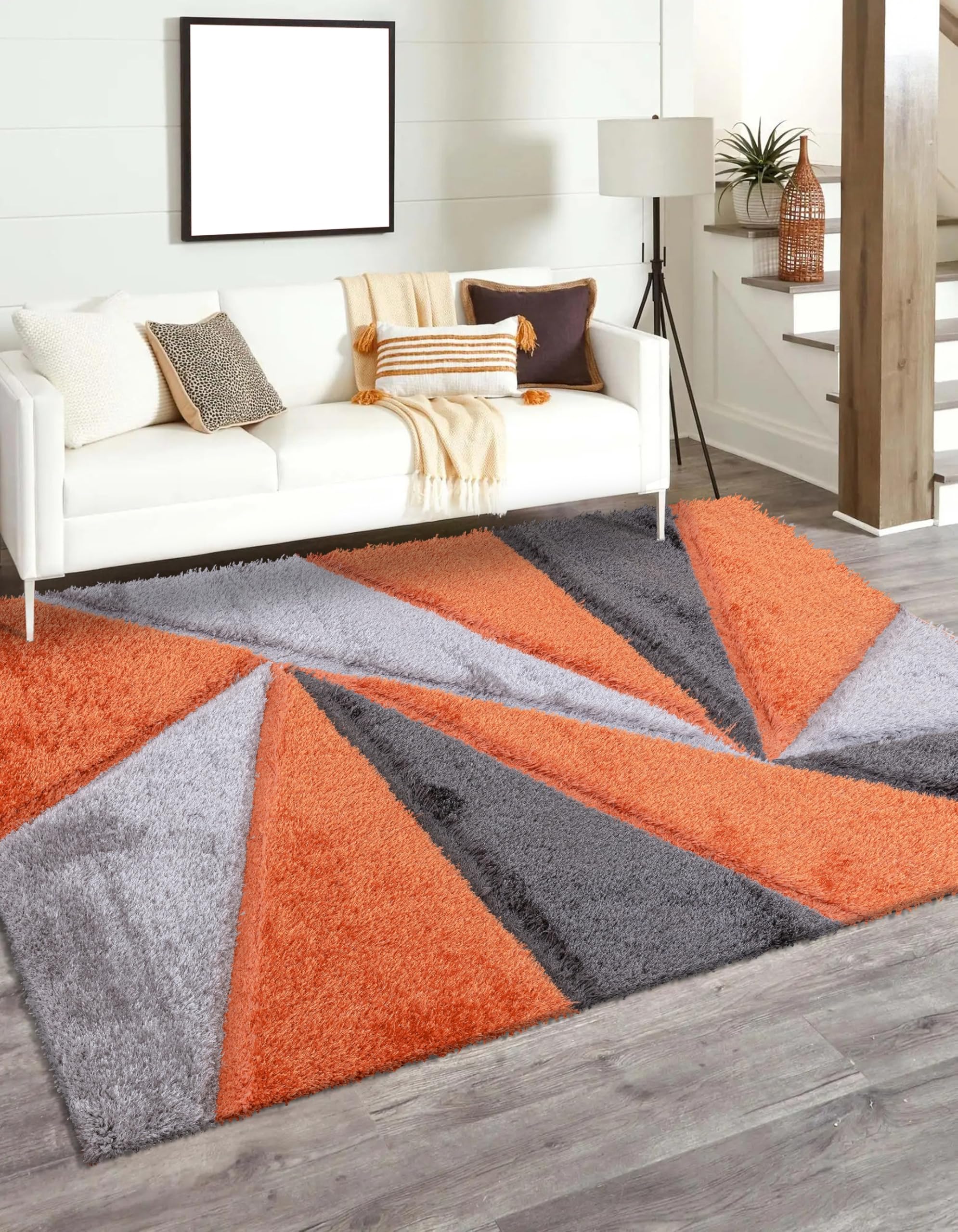 3D Illusion Shaggy Carpet Modern Geometric Area Rug for Living Room, Bedroom Soft Thick Pile Non-Shedding, Machine Made Polypropylene (Orange, 120 cm × 170 cm = 3.94 ft × 5.58 ft)