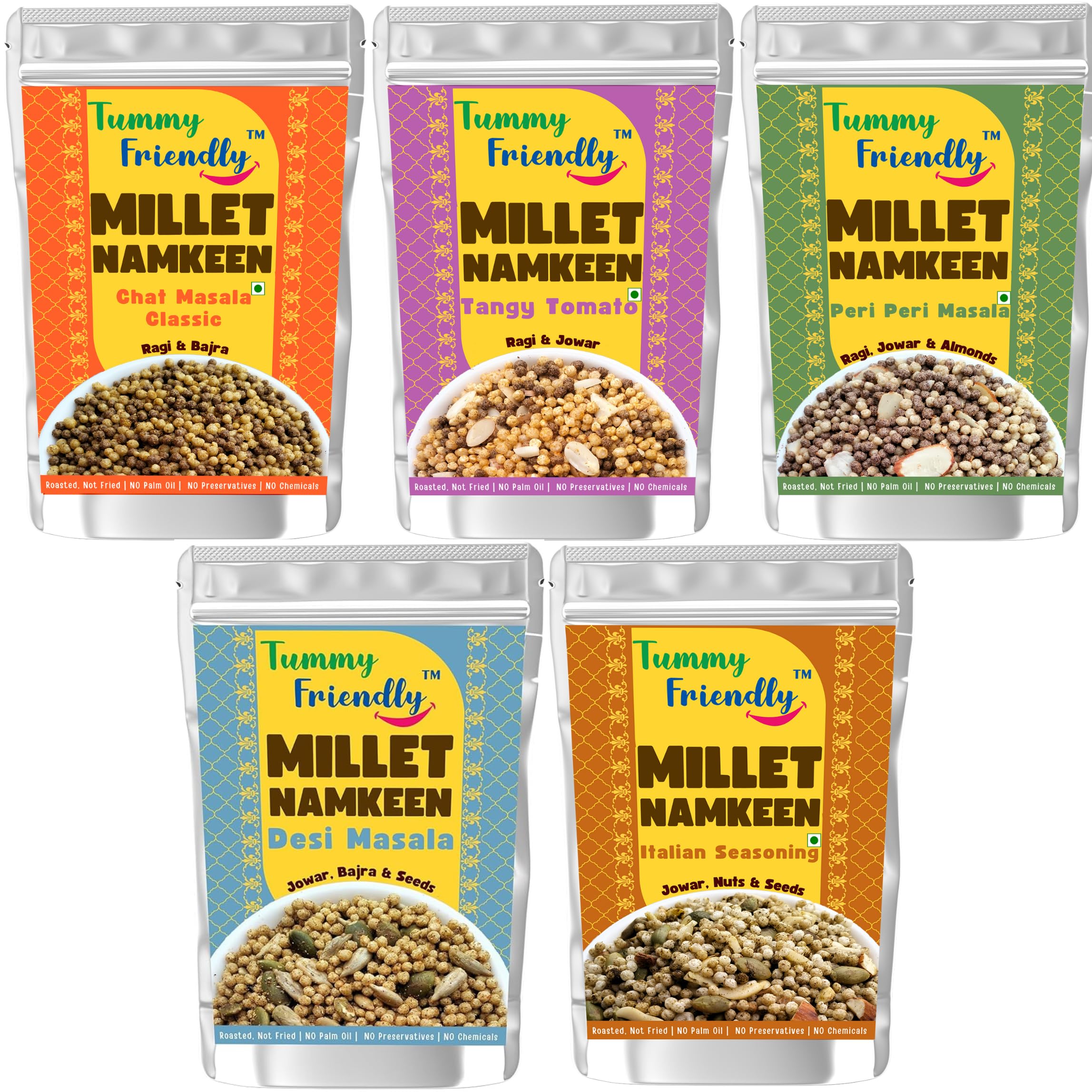 Tummy Friendly Millet Namkeen Mixture for Kids &Adults. Healthy Snacks Items Namkeen for Kids, Adults, Pregnant Women, Diabetics. Healthy namkeen for Gift. No Chemicals, No Preservatives - Millet Snacks Assorted Combo Pack, 5 Packs, 70g Each