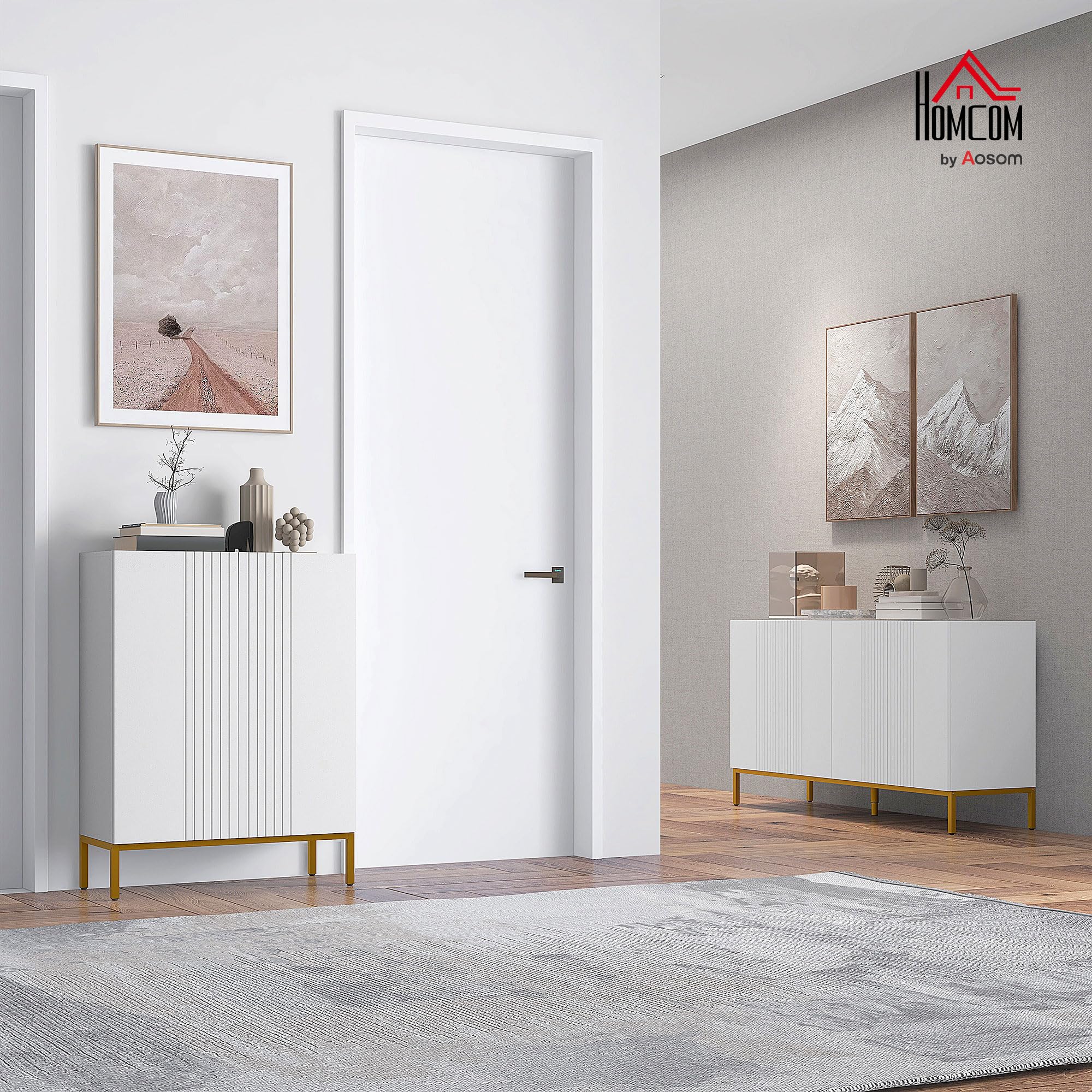 HOMCOM Credenza Moderna con 4 Ante e Mensole Regolabili Mobile da Soggiorno e Salotto con Chiusura Soft Close Bianco e Oro