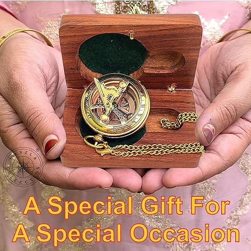 Miniatura 2 de Hanzla Collection Reloj de sol hecho a mano con botón de dirección con cadena y madera, caja de latón brújula de bolsillo, reloj de sol, regalo de