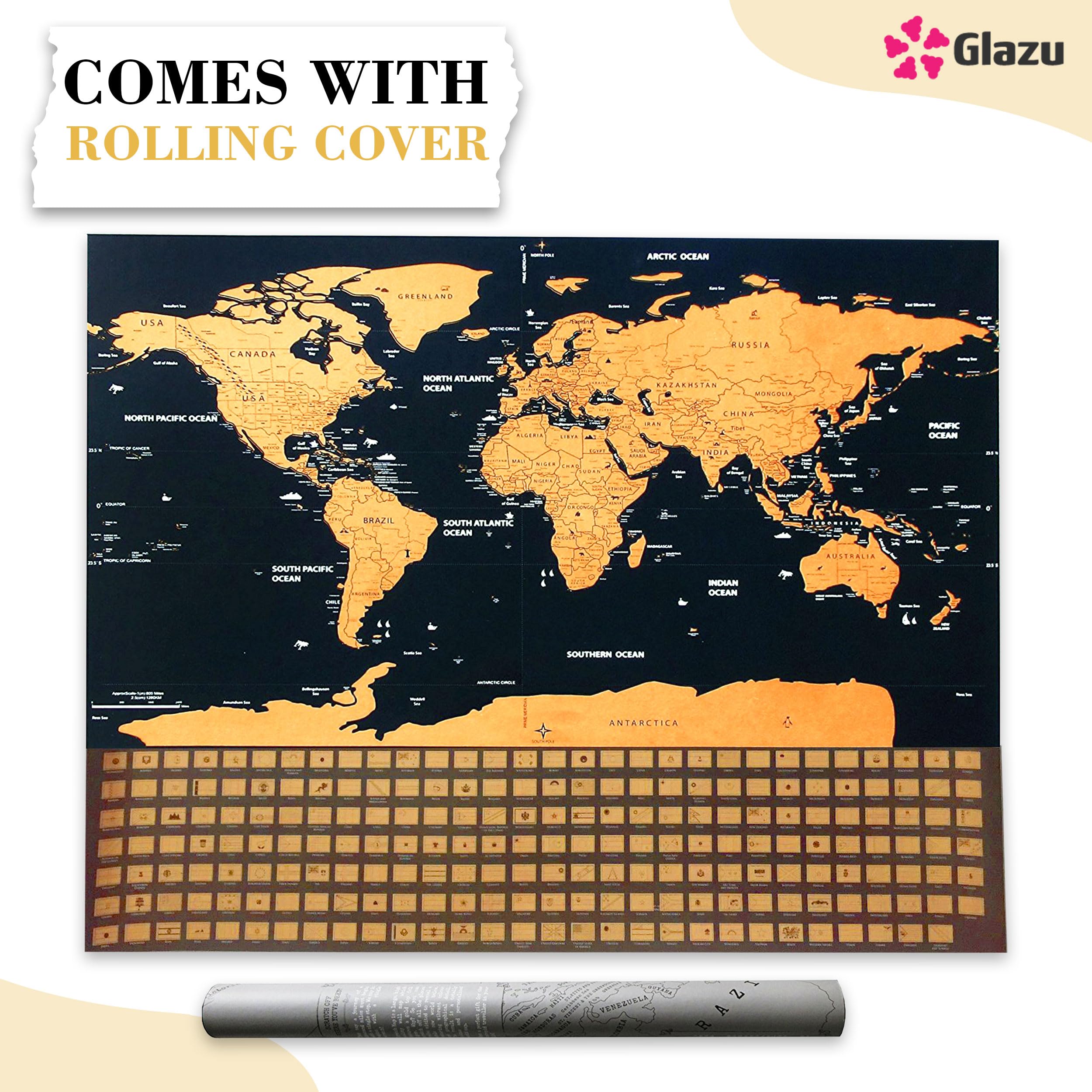 GLAZU Scratch Off World Map Travel Poster, Black and Gold, 83 x 60 cm with Rolling Cover 1