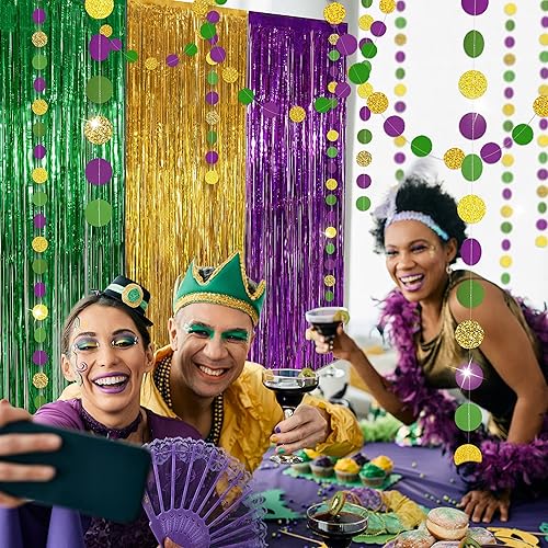 Miniatura 5 de Cheerland Telón de fondo de Mardi Gras de color verde dorado y morado con flecos de papel de aluminio para martes gruesos, guirnalda de lunares