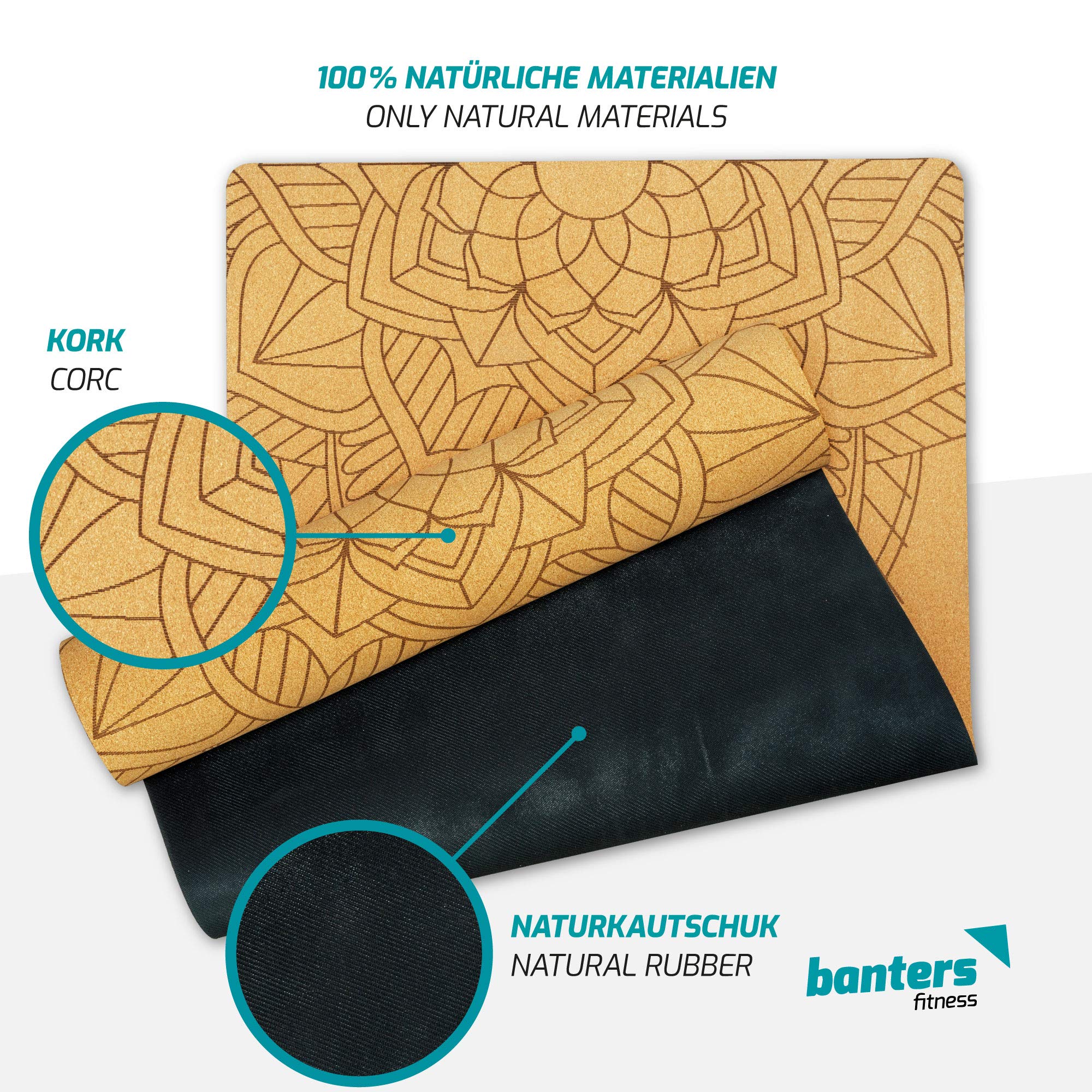 Tapis De Yoga Banters En Liège Et Caoutchouc Naturel – 183x61x0,5 Cm, Antidérapant, écologique, Avec Sangle De Transport Et Poster Offert