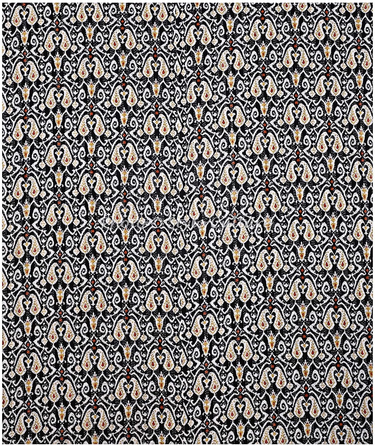 Cotton Kantha Quilt Throw Queen Bedspread Bedding Bed Cover Black Ethnic Indian Hand Stitched Ikat Print Coverlet Blanket (90x108)