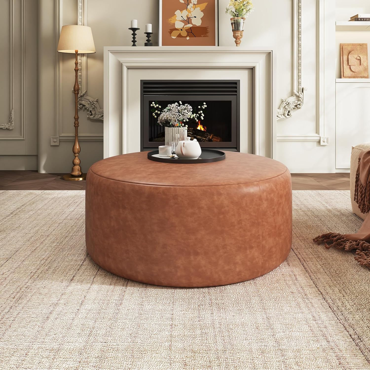 Christopher Knight Home GAVI 30" PU Leather Round Ottoman Footstool, Cognac Brown - Plush Upholstered Footrest, Seat & Side Table