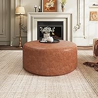 Christopher Knight Home GAVI 30" PU Leather Round Ottoman Footstool, Cognac Brown - Plush Upholstered Footrest, Seat & Side Table