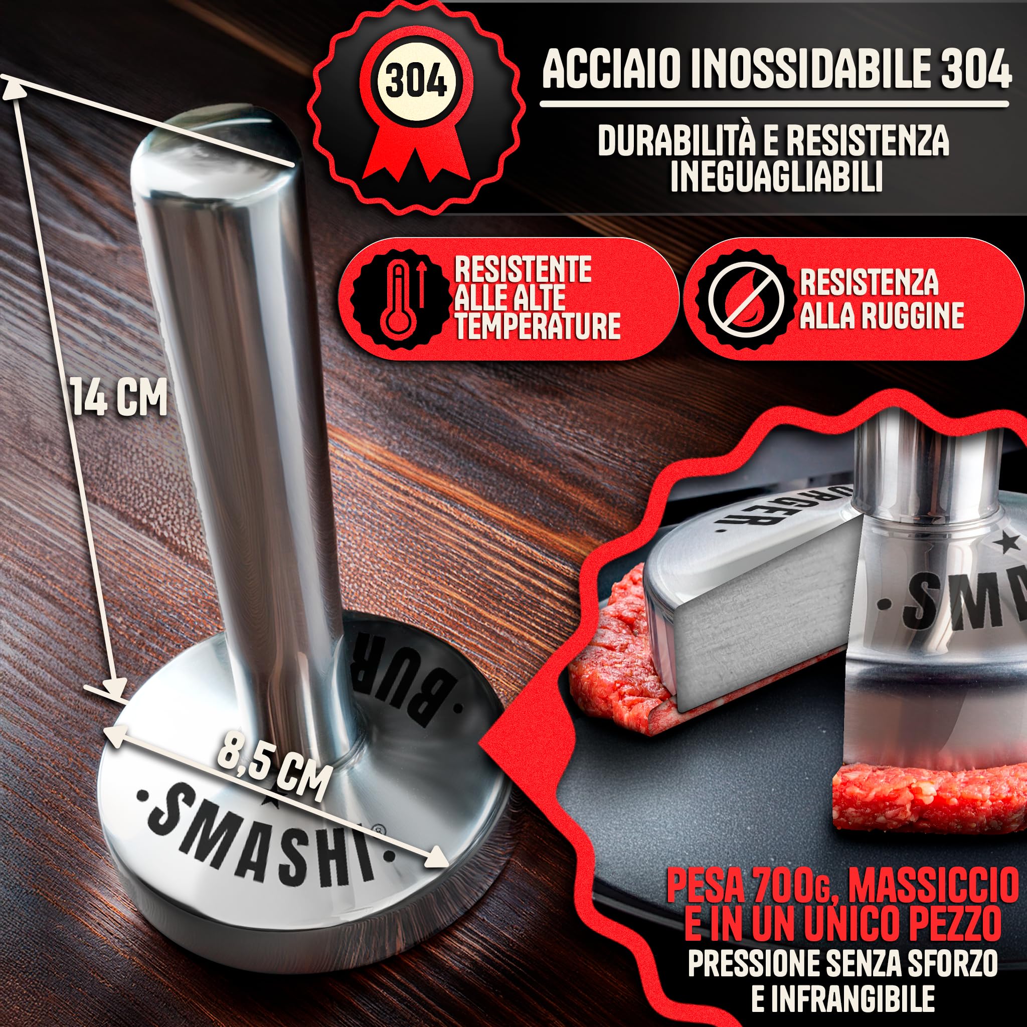 SMASHI® Pressa per Hamburger Pieghevole in Acciaio Inox 304 + 20 Fogli Antiaderenti – Smash Burger Kit Professionale – Pressa Manuale per Hamburger (Smash Burger Press Martello)