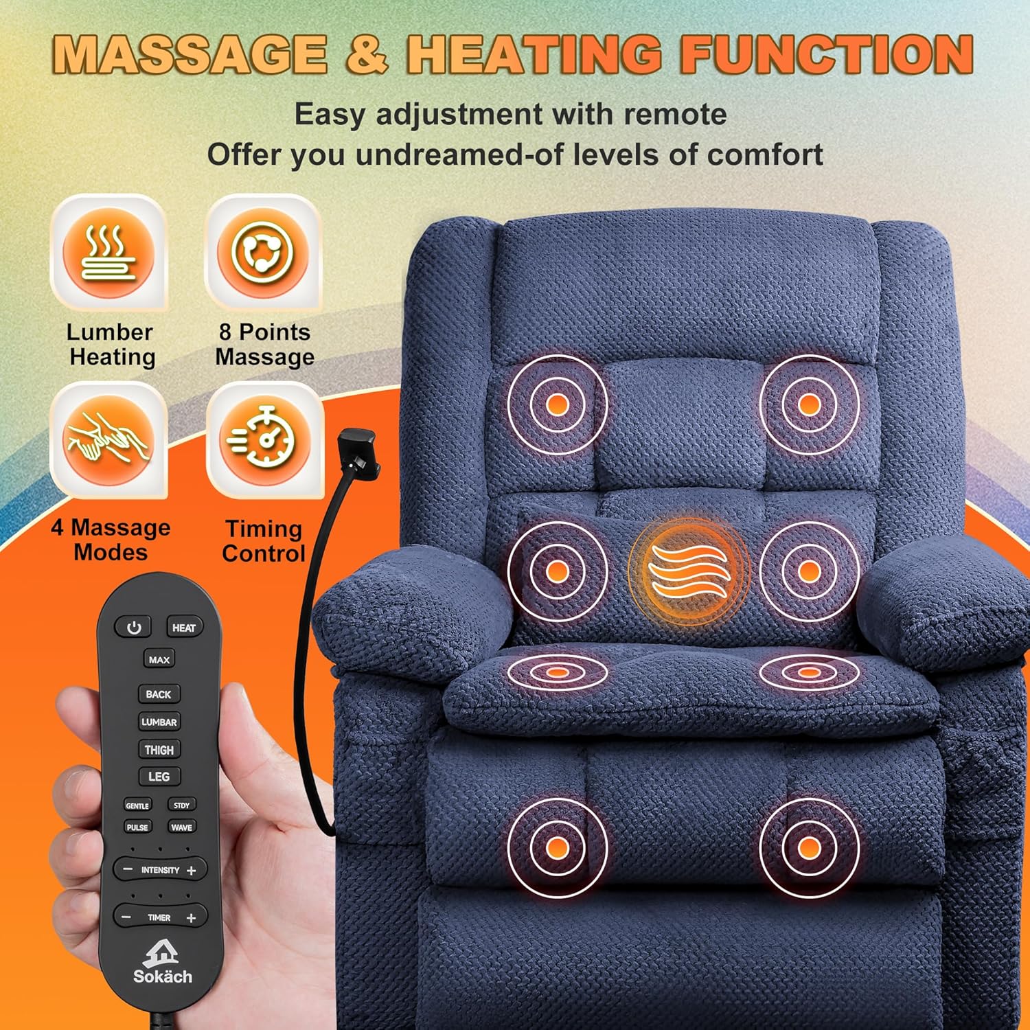 Dual Motor Recliner Chair with Heat & Massage, Power Lift Recliner Chair for Elderly, Infinite Position, Cup Holder, Phone Holder, Detachable Armrest, USB & Type-C Ports, Pillow (Navy Blue, Large)