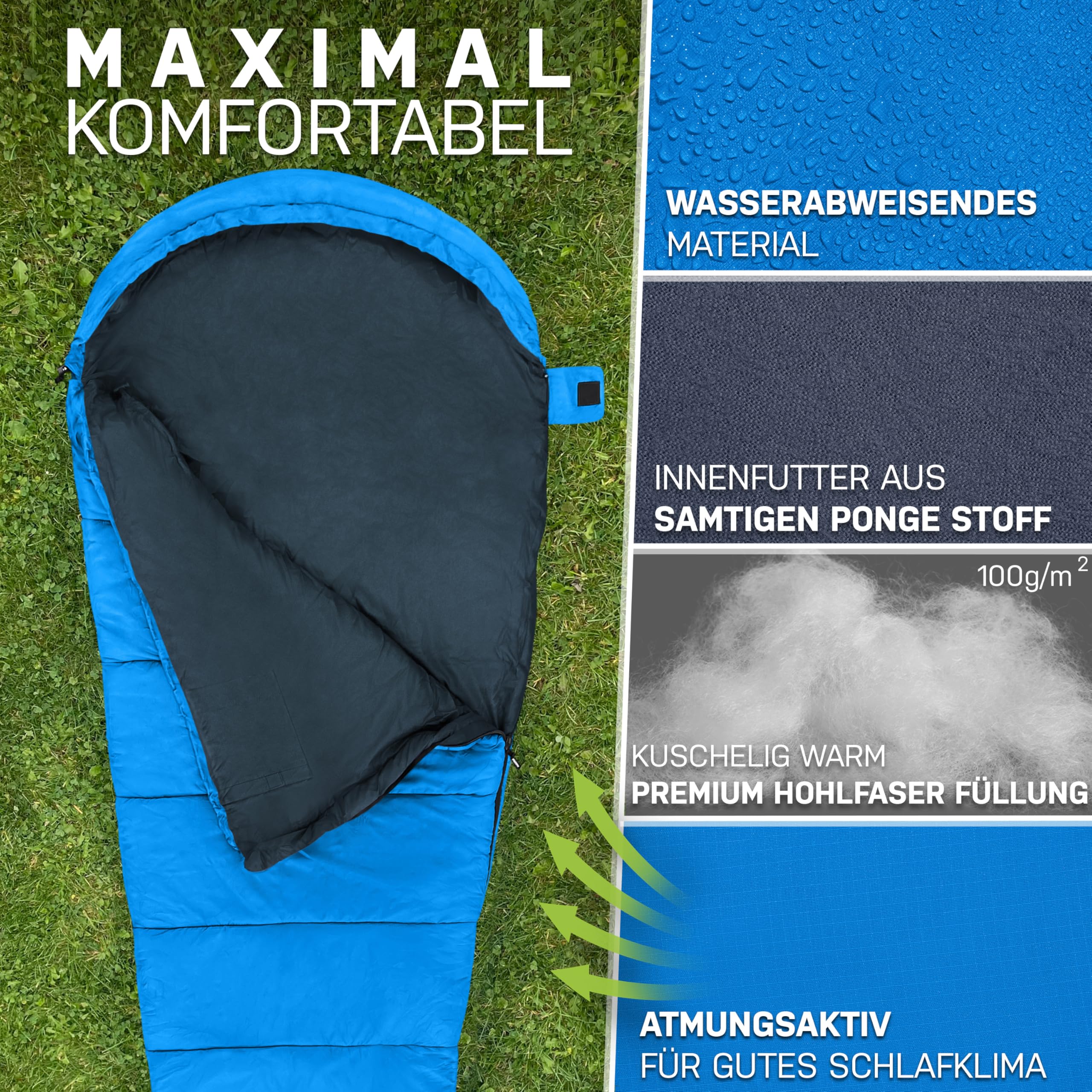 NORDBÄR® Schlafsack 3 Jahreszeiten & Sommer Ultraleicht [750g/1500g] | Camping Mumienschlafsack | kleines Packmaß [100GSM/300GMS] | Outdoor Reise Hüttenschlafsack| Sommerschlafsack