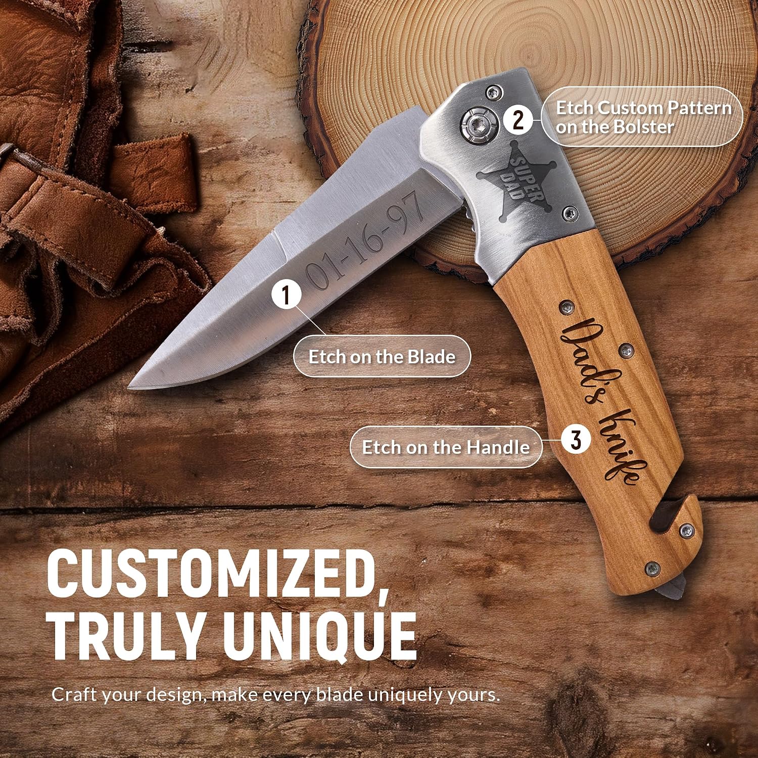 Personalized Pocket Knife for Men - Custom Engraved Folding Knife Gift for Dad, Husband, Boyfriend - 3.54" Stainless Steel Blade, Wood Handle for Camping & Everyday Use (Silver)