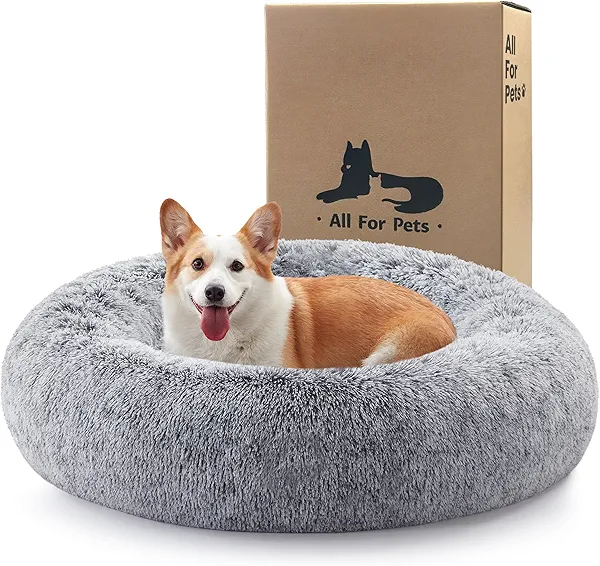 Warmrest Calming Dog Bed - Donut Washable Large Size Round Pet Bed for Dogs and Cats, 36 inches Anti-Slip Fluffy Faux Fur Plush Cat Bed, Anti-Anxiety Cushion with Anti-Slip Bottom