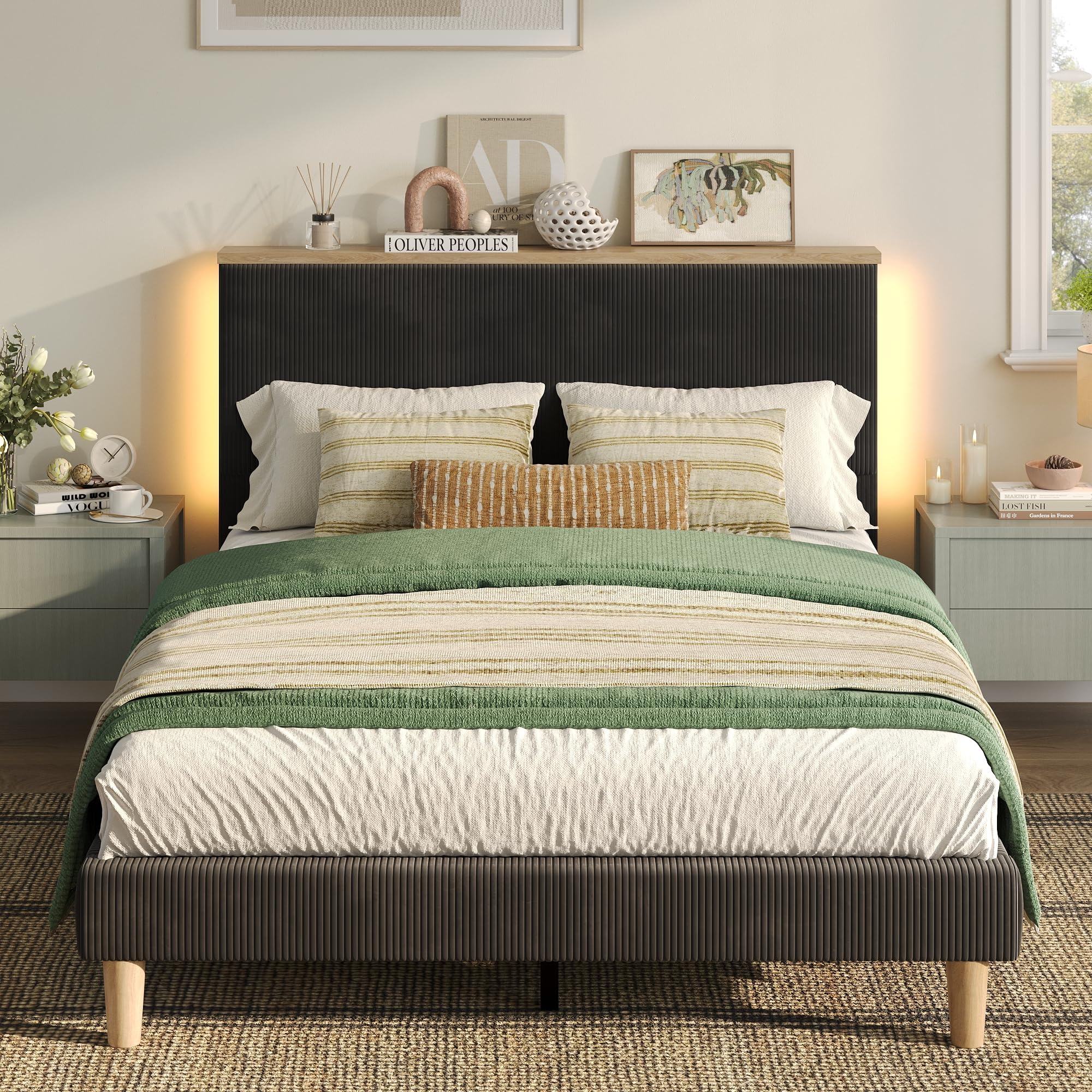 Bestier Full Bed Frame with Adjustable Headboard & LED Lighting, Corduroy Upholstered Platform Bed Frame with Storage Shelf, Solid Wood Slats, No Box
