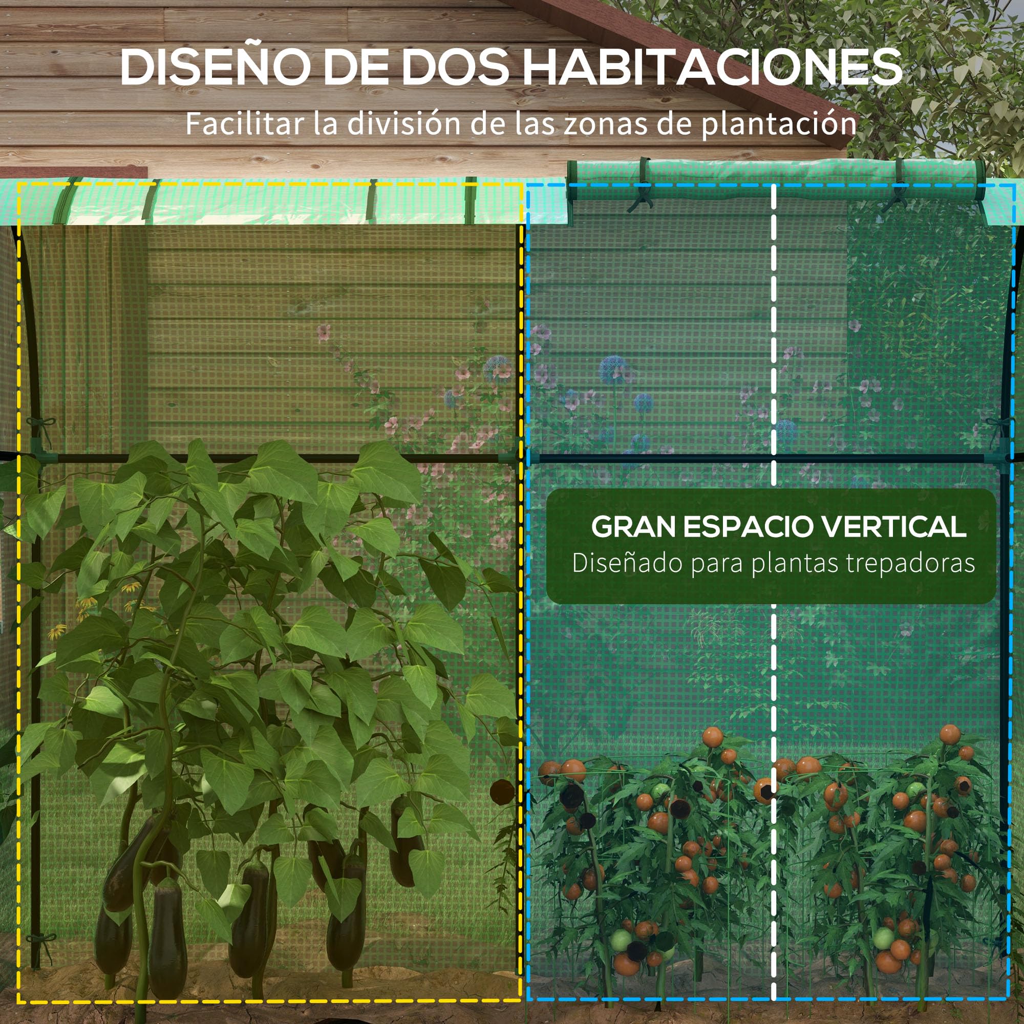 Outsunny Invernadero de Jardín Mini Invernadero con Anti-UV 4 Ventanas 2 Puertas Enrollables con Cremallera para Cultivo de Plantas Flores Tomates en Terraza Patio 185x94x150 cm Verde