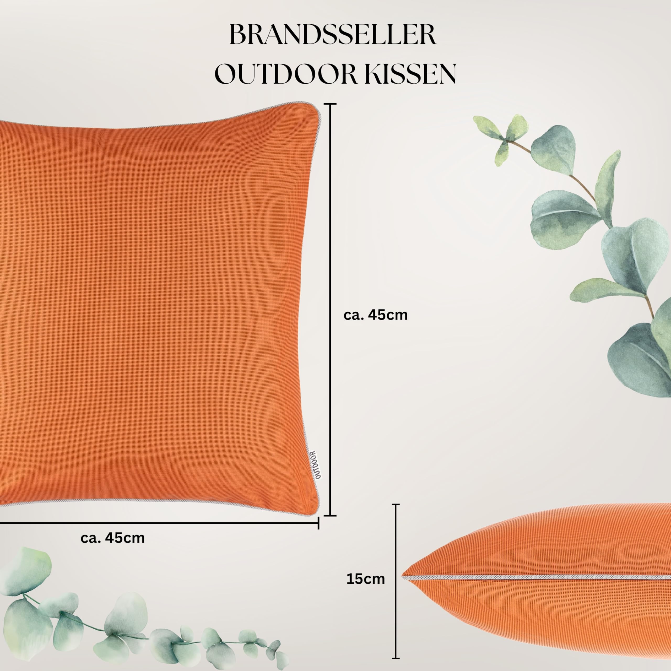 Brandsseller Set de 2 Cojines de Exterior 45x45 cm – Cojines Decorativos Impermeables con Ribete – Resistentes a la Intemperie para Jardín, Sofá, Balcón y Terraza – Naranja