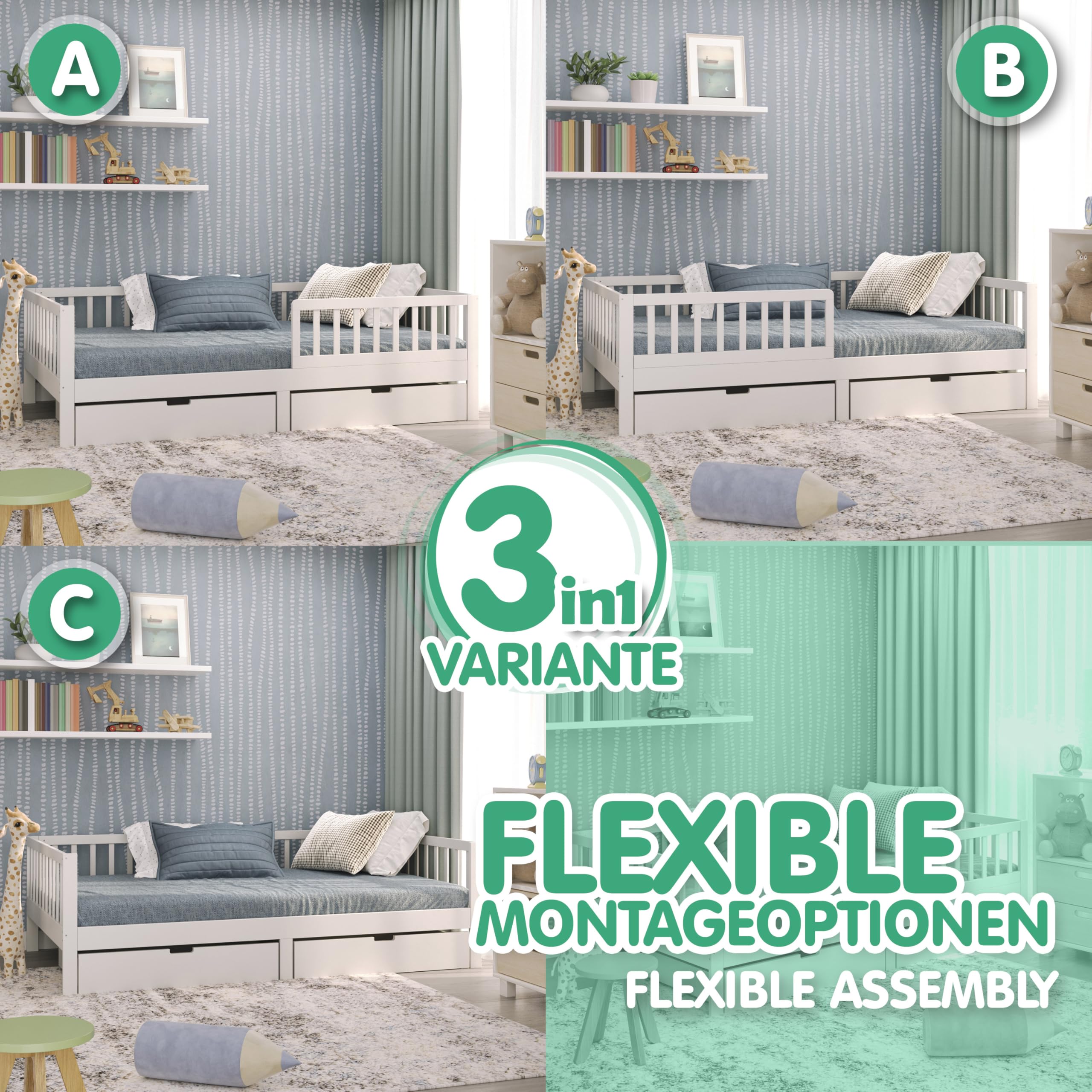 CADANI Nik Kinderbett 120x200 cm – Juniorbett & Jugendbett mit abnehmbarem Rausfallschutz, bis 200 kg belastbar, extra stabiles Einzelbett inkl. Roll-Lattenrost | bis 200 kg belastbar