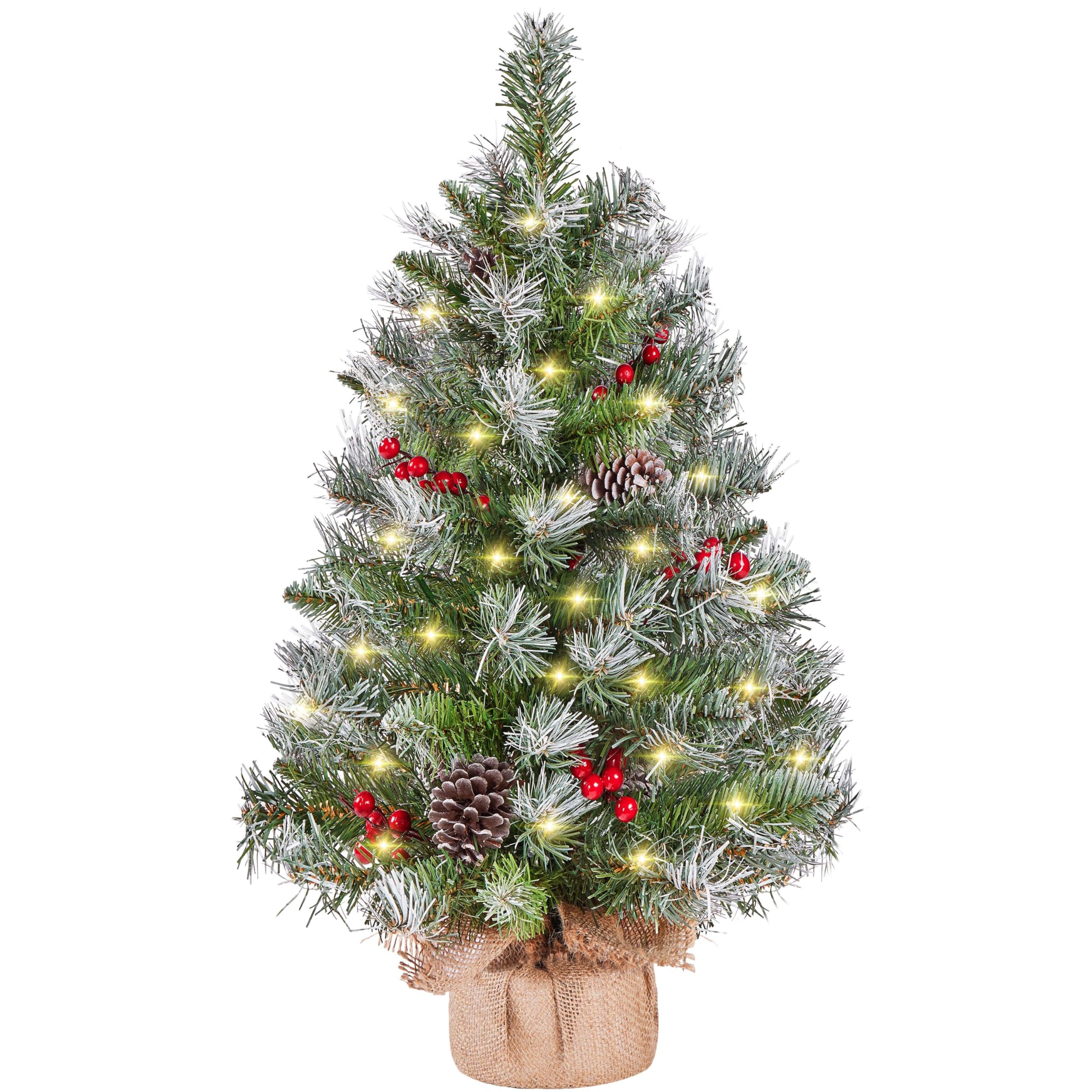 Yaheetech 92 cm Mini Künstlicher Weihnachtsbaum mit Schnee inkl. 50 LEDs | Kleiner Tischbaum Tannenbaum Christbaum mit Warmweiß Beleuchtung & 70 Roten Beeren & 10 Tannenzapfen für Weihnachtsdeko, Grün