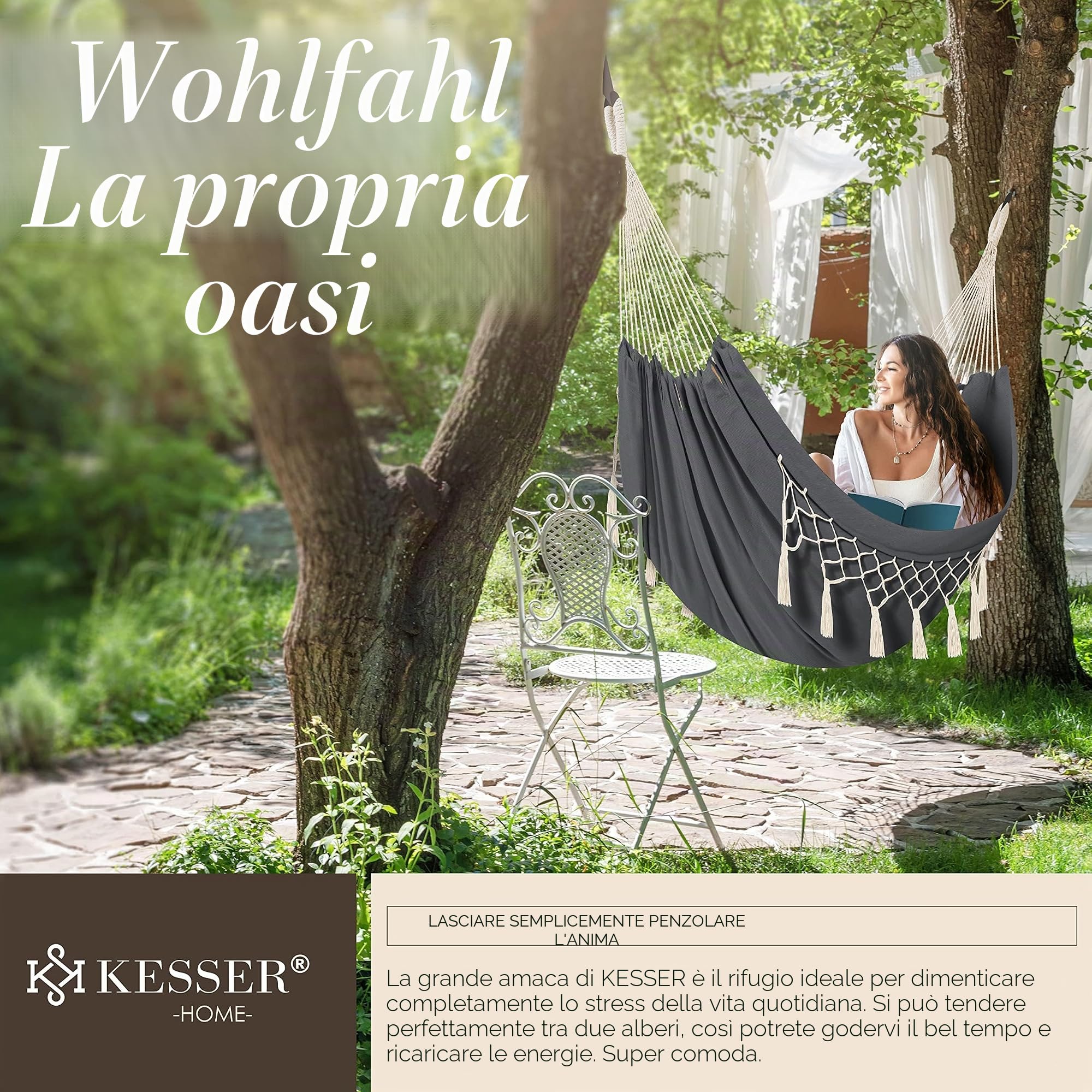 KESSER® Amaca capacità di carico 300 kg 320x150 cm capacità di carico max 300 kg, 1-2 persone, traspirante, resistente alle intemperie, ideale per campeggio giardino, amaca in tessuto, antracite