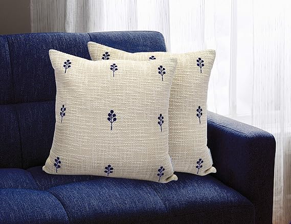 TRENDING HOME COLLECTION Cotton Textured Fabric with Manual Embroidered Stitched Zippered Cushion Cover(Ivory/Blue) | 16 x 16 Inches | Set of 2|