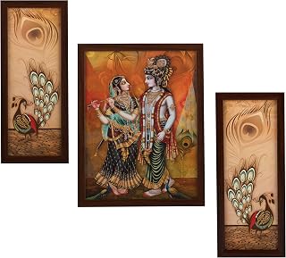 Indianara 3 Pc Set of Radha Krishna Paintings Without Glass 5.2 X 12.5, 9.5 X 12.5, 5.2 X 12.5 Inch-Multicolour