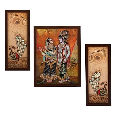 Indianara 3 Pc Set of Radha Krishna Paintings Without Glass 5.2 X 12.5, 9.5 X 12.5, 5.2 X 12.5 Inch