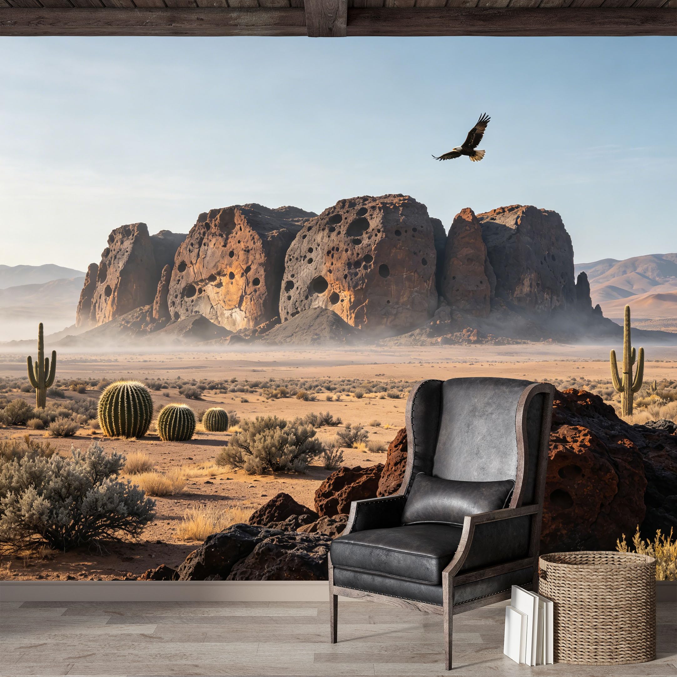 Custom Size Wall Mural,Desert Landscape Eagle Flying Panoramic Realistic Premium Water Activated SelfAdhesive Wallpaper,Removable Wall Covering for Indoor Home Decor