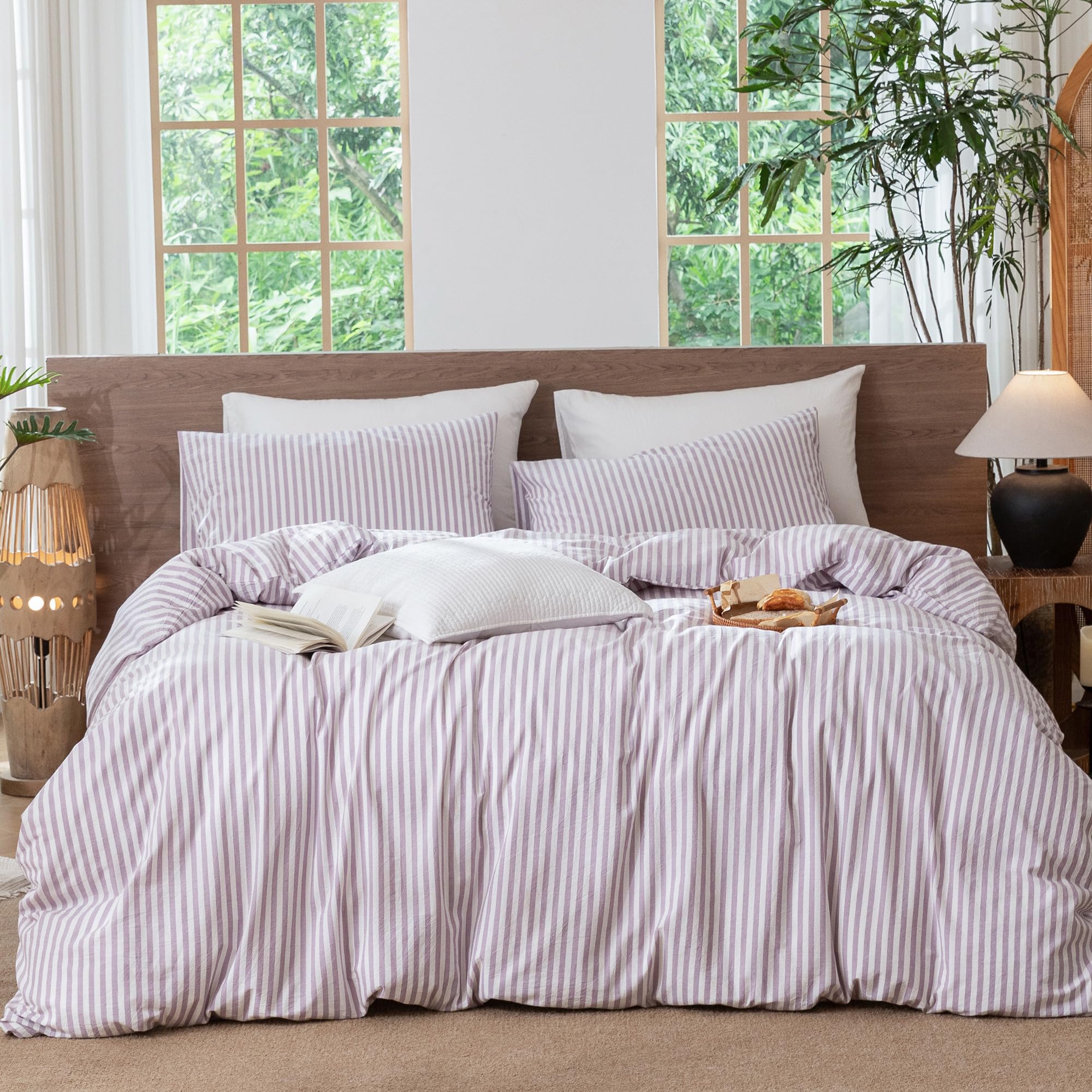 MooMee Striped Duvet Cover Set 100% Washed Cotton Linen Like King