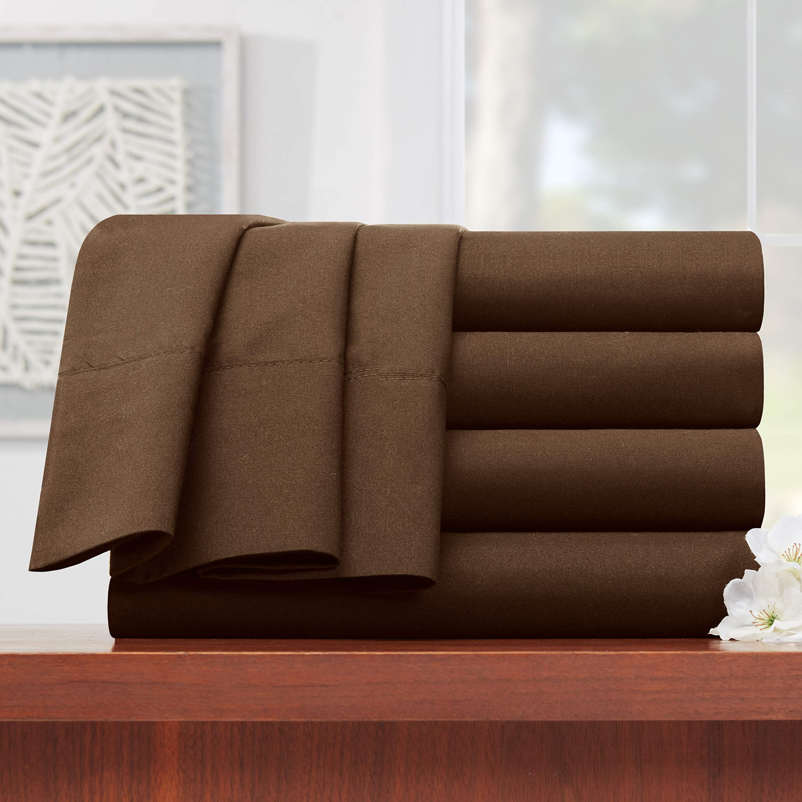Empyrean Bedding Premium Flat Sheets – 4-Pack “110 GSM” Top Bed Sheets Double Brushed Microfiber Thick and Comfortable Flat Sheets Set, Luxurious & Soft Hotel, Full, Chocolate Brown