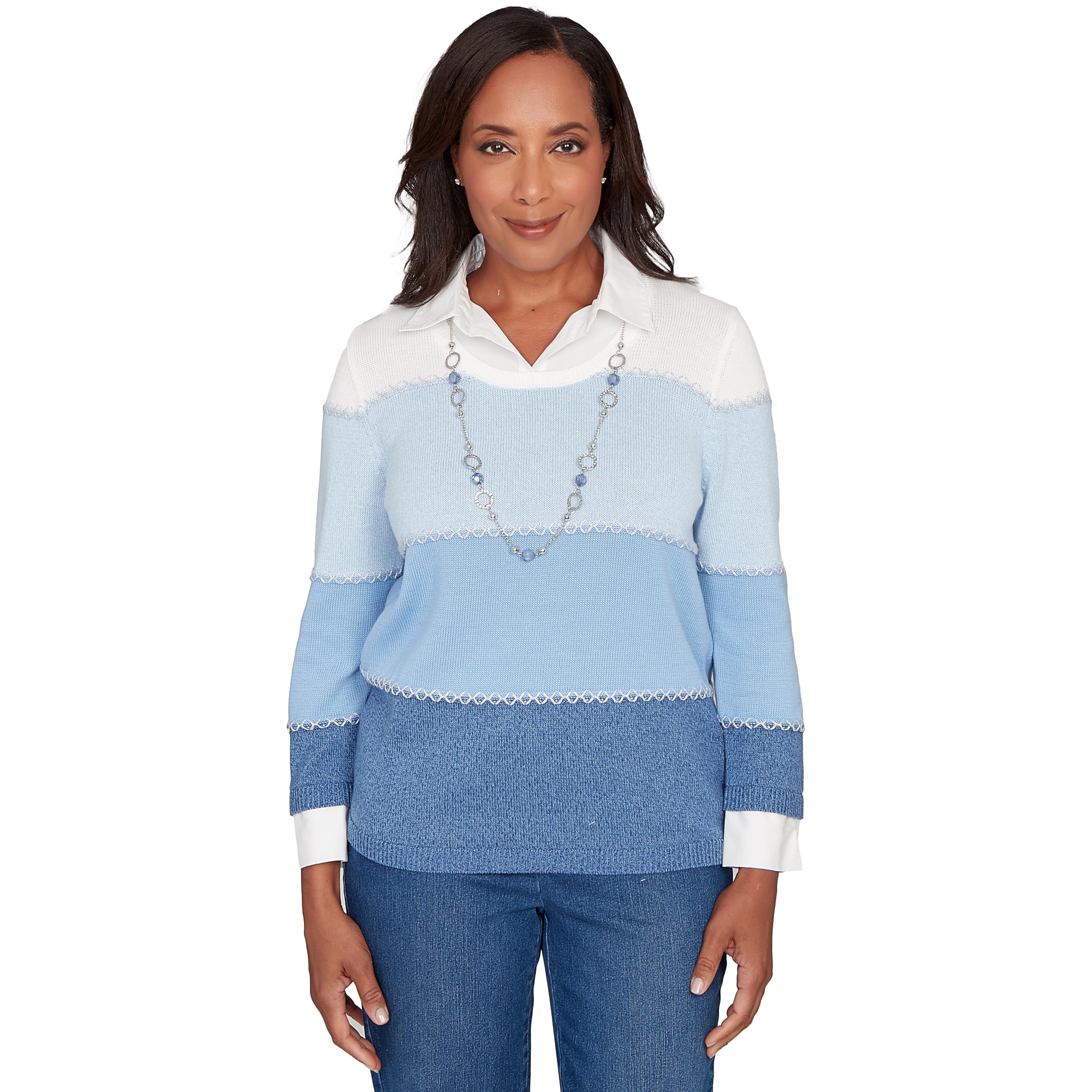 Alfred Dunner Womens Ombre Colorblock Two in One Sweater with Necklace